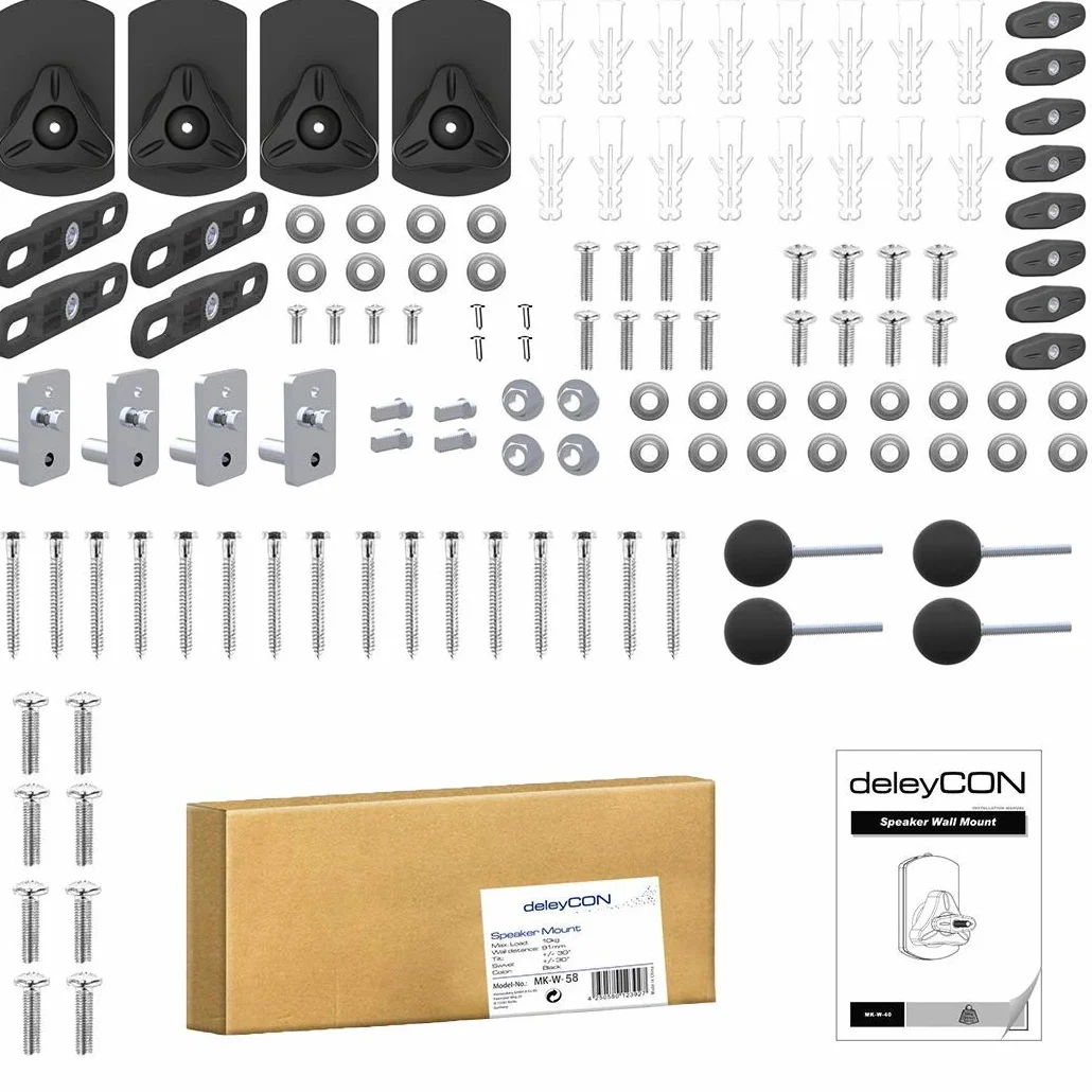 deleyCON 4X Soporte Universal para Altavoces y Bafles de Grado de Rotación + Inclinación hasta 10kg de Carga Instalación en Paredes y Techos - Negro