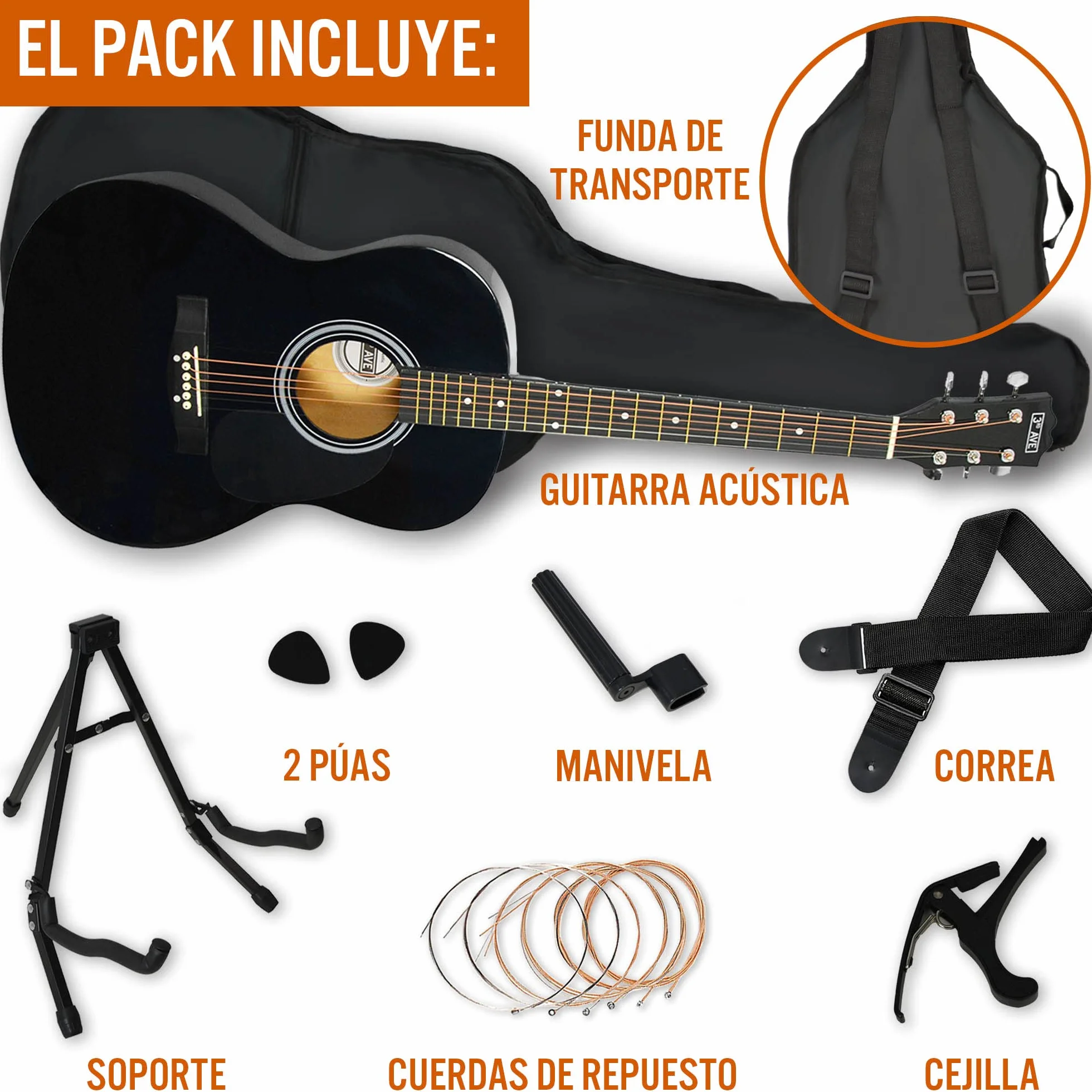 3rd Avenue Pack de guitarra acústica de tamaño estándar 4/4 para principiantes de 3rd Avenue, funda de transporte, púas, cuerdas de repuesto, soporte, correa y cejilla, Negro