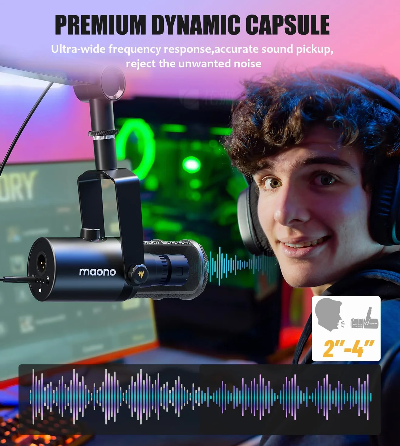 MAONO Micrófono dinámico USB XLR para Podcast, PC, Radiodifusión, Grabación, Streaming y Juegos con Software, EQ, Tap-to-Mute, Control de Ganancia y Volumen