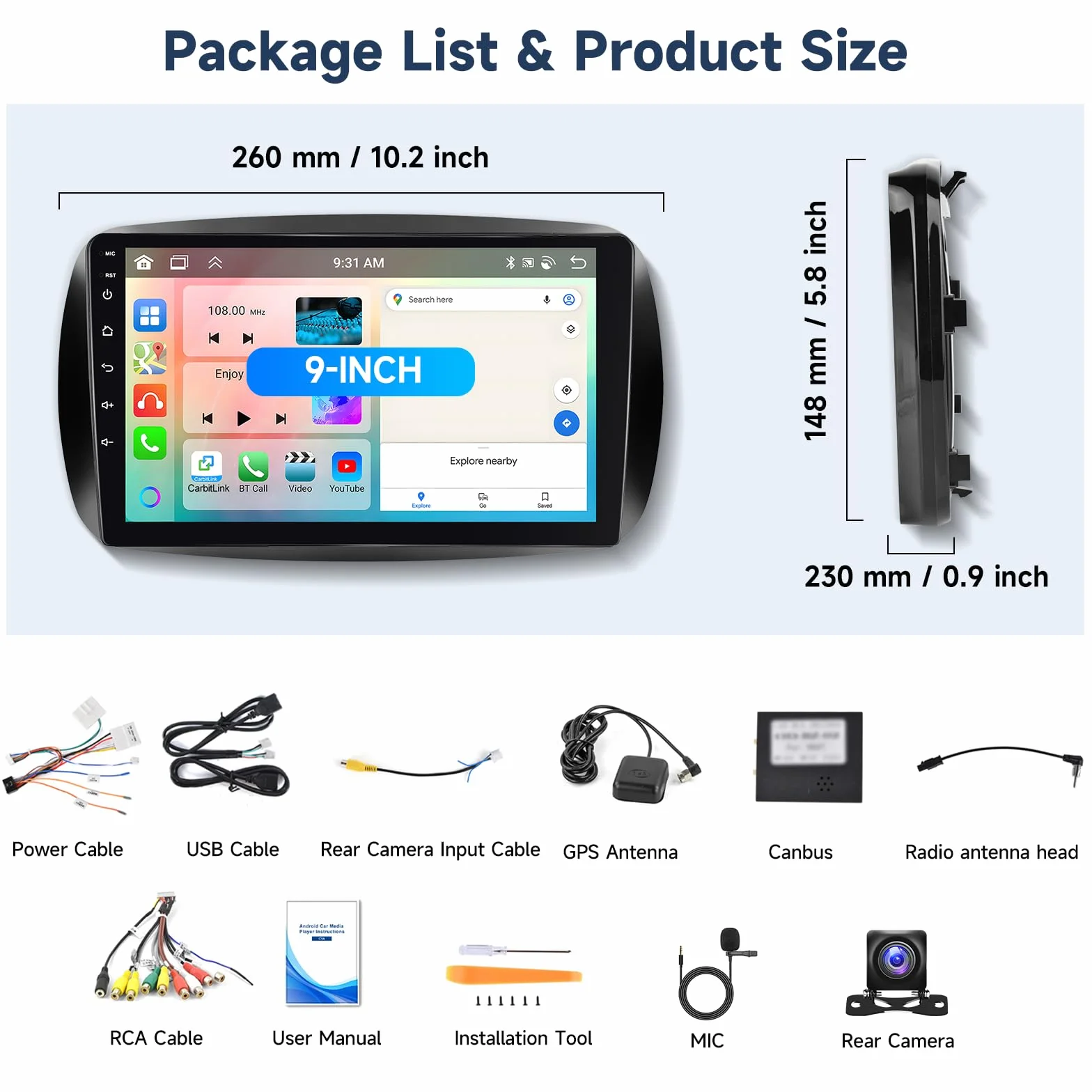 Hodozzy 6G+128GB 8-Core Android Radio para Mercedes Benz Smart 453 Fortwo 2014-2020 con Carplay Android Auto Inalámbrico, 2 DIN Pantalla Táctil 9 Pulgadas Radio Bluetooth GPS WiFi DSP FM/RDS Cámara