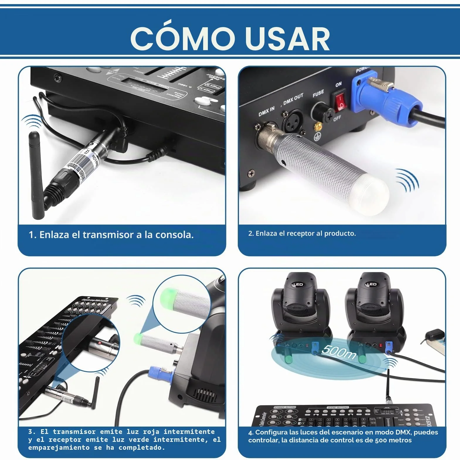 Pack de 1 transmisor inalámbrico DMX512 y 3 unidades recargables DMX512 receptor inalámbrico 2.4G ISM DMX controlador macho y hembra para la iluminación de escenario LED
