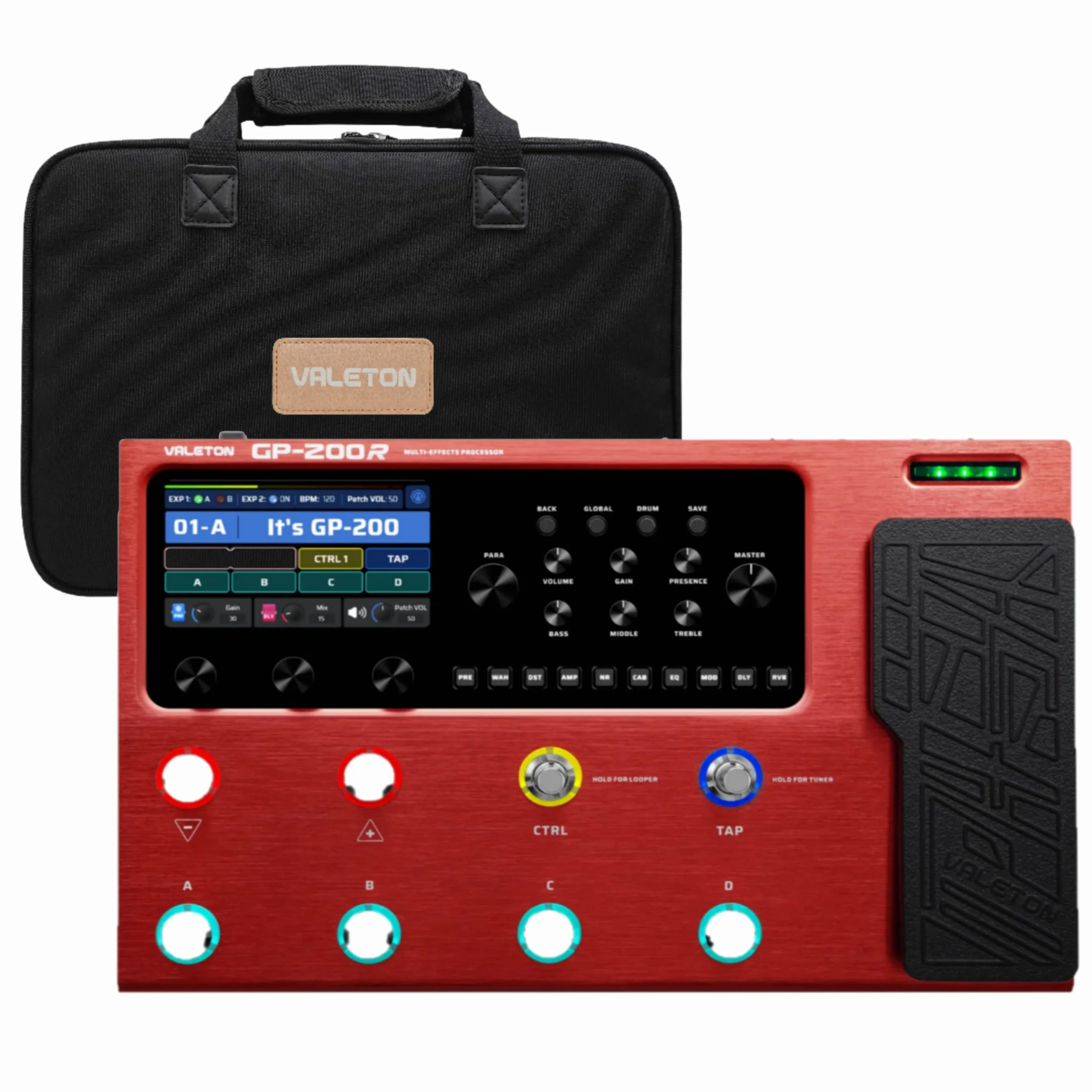 VALETON Guitarras Bajo Pedal de Efectos Multi-Efectos Procesador Guitarras Bajo Modeling IR Gabinets Simulación con FX Loop MIDI I/O Expression Pedal estéreo OTG USB (GP-200R + Bag)
