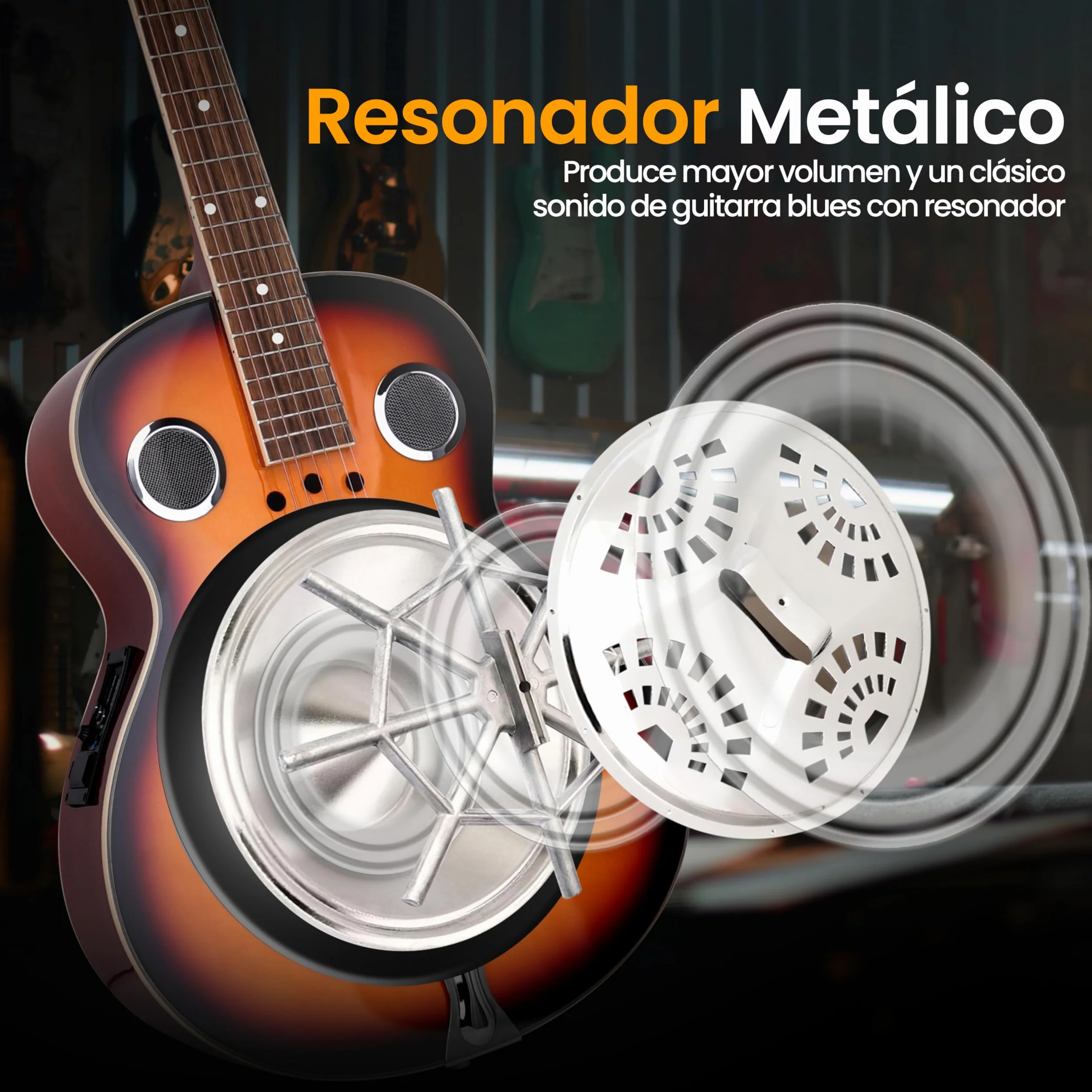 Pyle guitarra electrica, Resonador tradicional, 6 cuerdas, Preamplificador incorporado, Accesorios