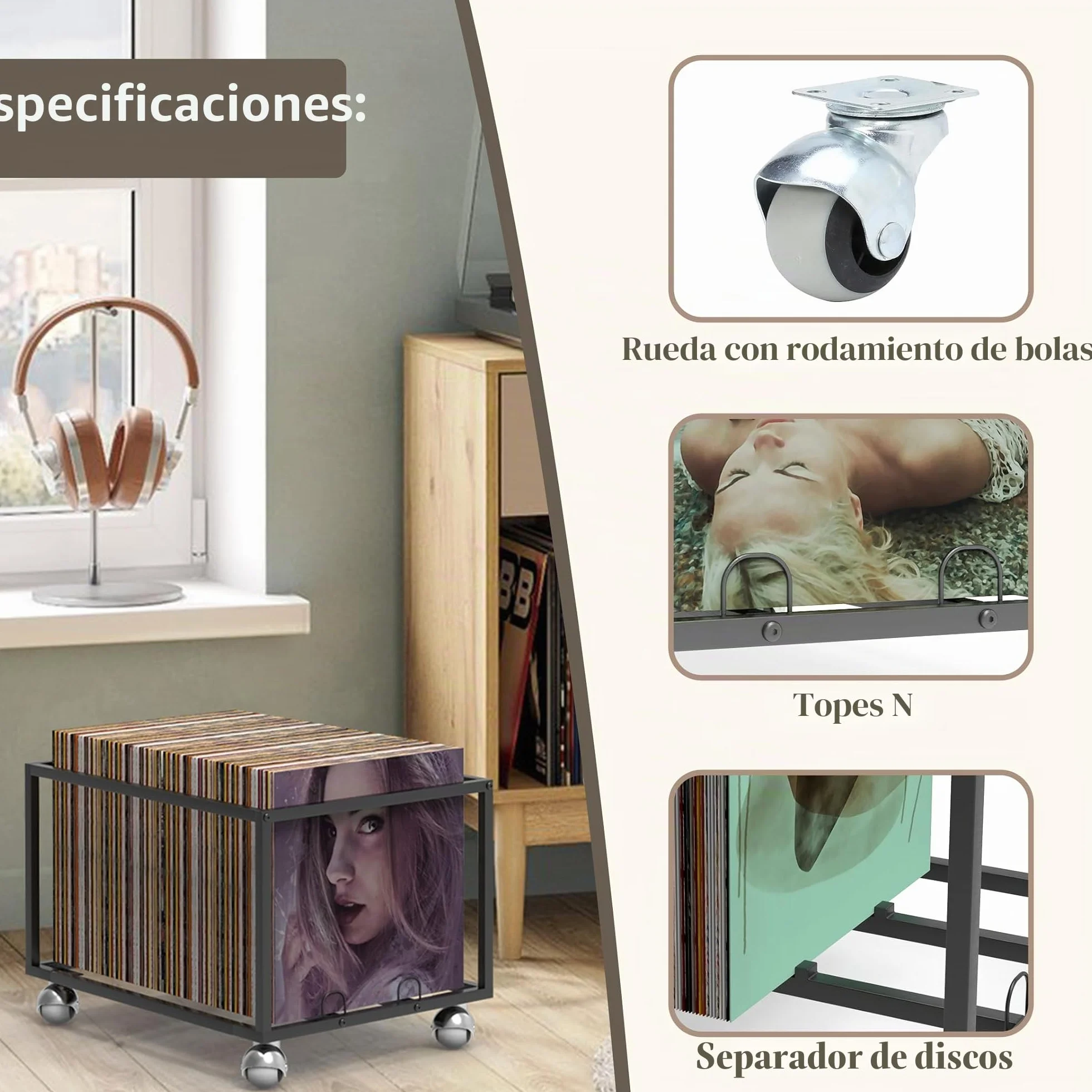 Almacenamiento de discos de vinilo sobre ruedas, estructura de metal resistente, capacidad para hasta 100 álbumes, elegante organizador para tu colección de vinilos