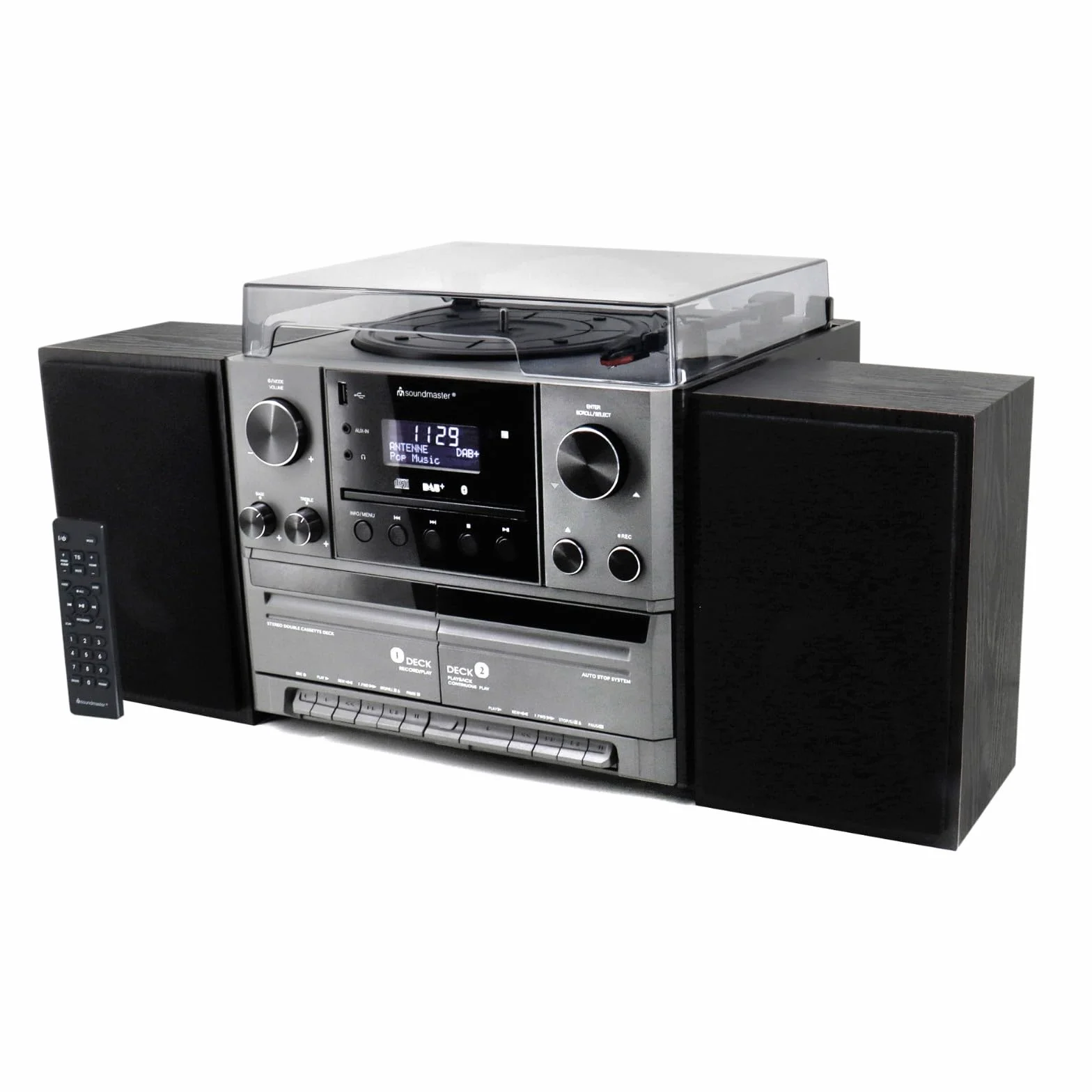 Soundmaster MCD5600SW Sistema estéreo con Tocadiscos, Reproductor de CD con Casete Doble Dab+, codificación USB MP3 Bluetooth, digitalización, conexión de Antena de 75 ohmios