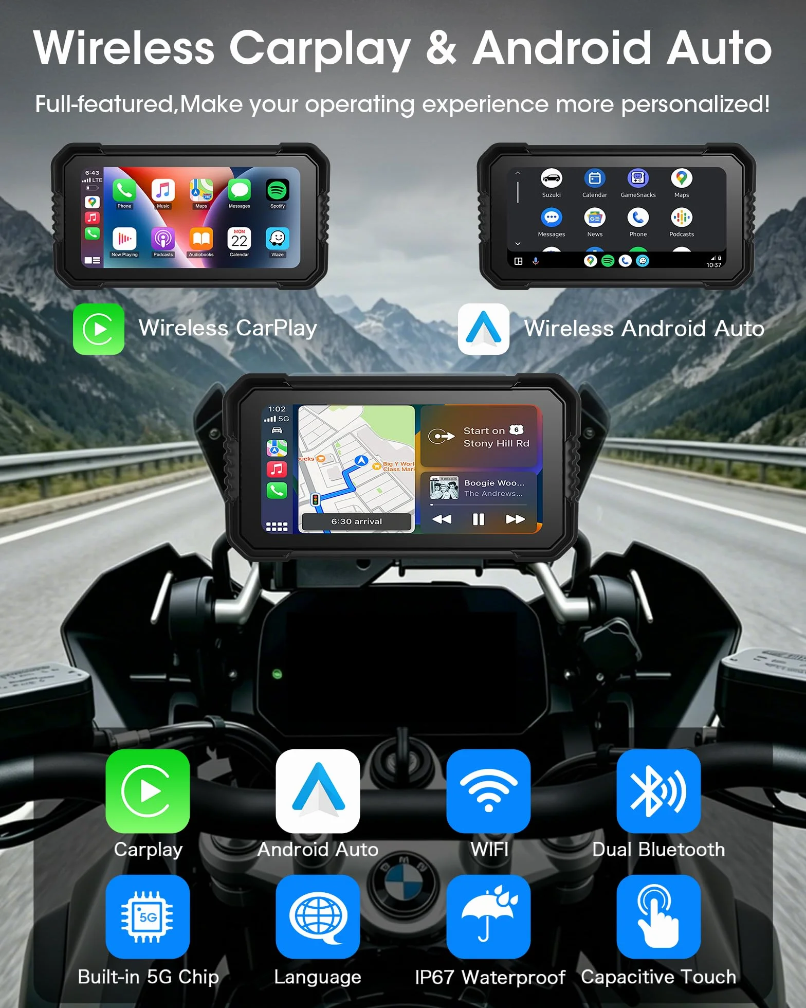 Pantalla CarPlay para Motocicletas BMW Pantalla Táctil de 6,25 Pulgadas Navegador Moto Compatible con CarPlay y Android Auto Navegación GPS, Dual Bluetooth, Siri y Asistente de Google