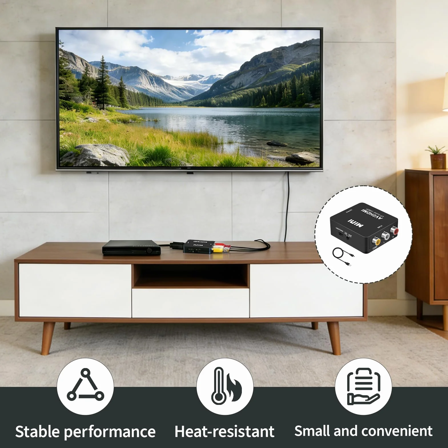 Adaptador RCA a HDMI 1080P, Convertidor AV a HDMI con Soporte para Wii, PS2, Gamecube, DVD, VHS, Laptop, Proyector, Compatible con Televisores y Monitores, Cable de Alimentación USB Incluido (Negro)