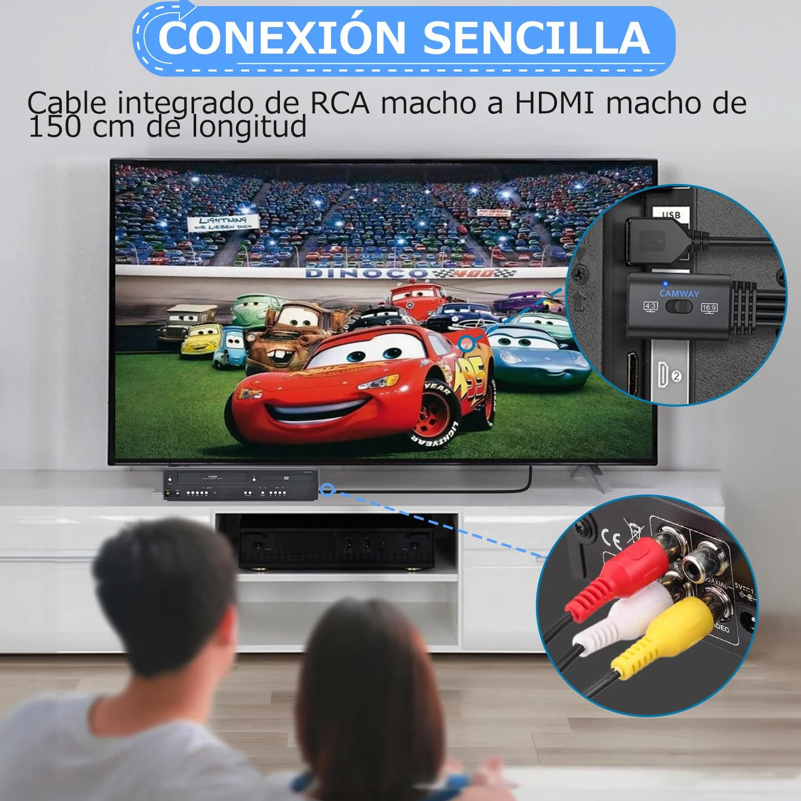 CAMWAY Adaptador RCA a HDMI con Switch 16:9/4:3, 1080P Convertidor AV a HDMI CVBS Compuesto con 150CM Cable RCA Macho Integrado, Diseño de Cable Todo en Uno, Compatible con PAL NTSC para DVD VCR VHS