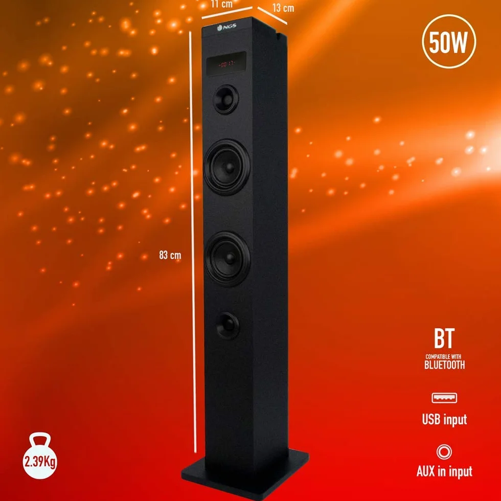 NGS Sky Charm Torre de Sonido Bluetooth 50 W con Mando a Distancia, Entrada Óptica para TV, USB, Radio FM, AUX, Negro