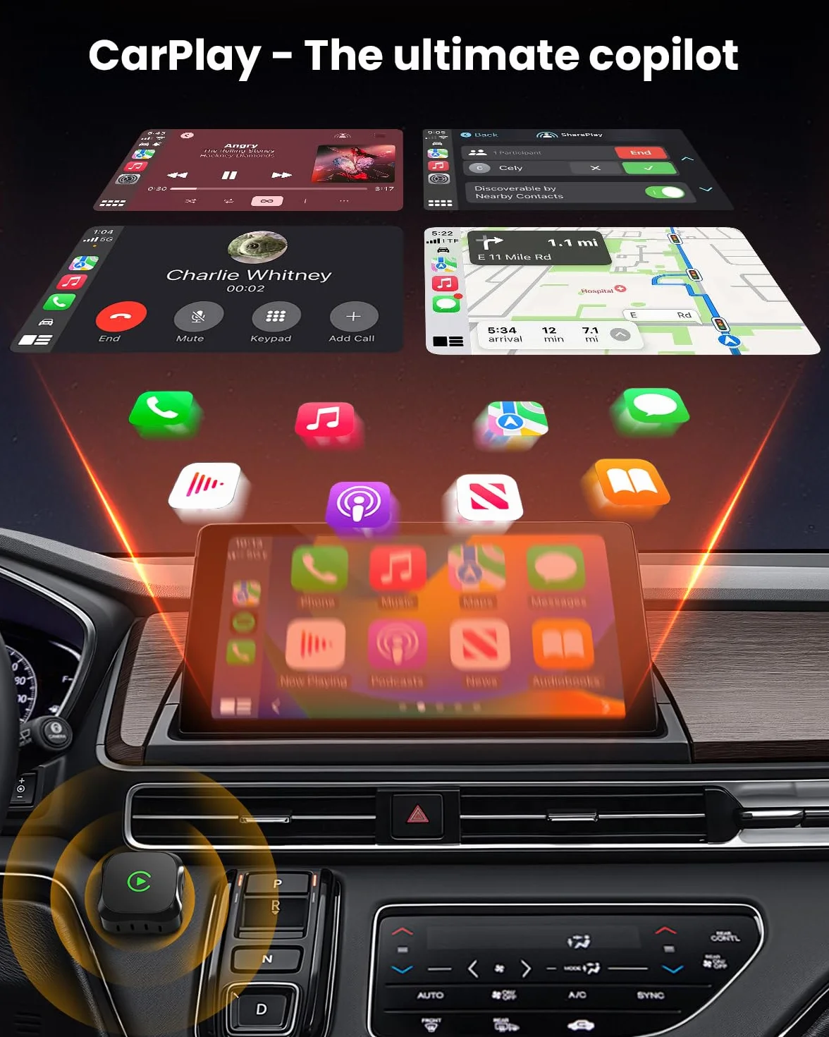 GEEKERA Adaptador CarPlay Inalámbrico para Apple: Modelo 2026 Wireless CarPlay para Coche, Convierte Cable a Wireless, Compatible con iPhone iOS 12+, USB A/C y Vehículos 2016+, Negro