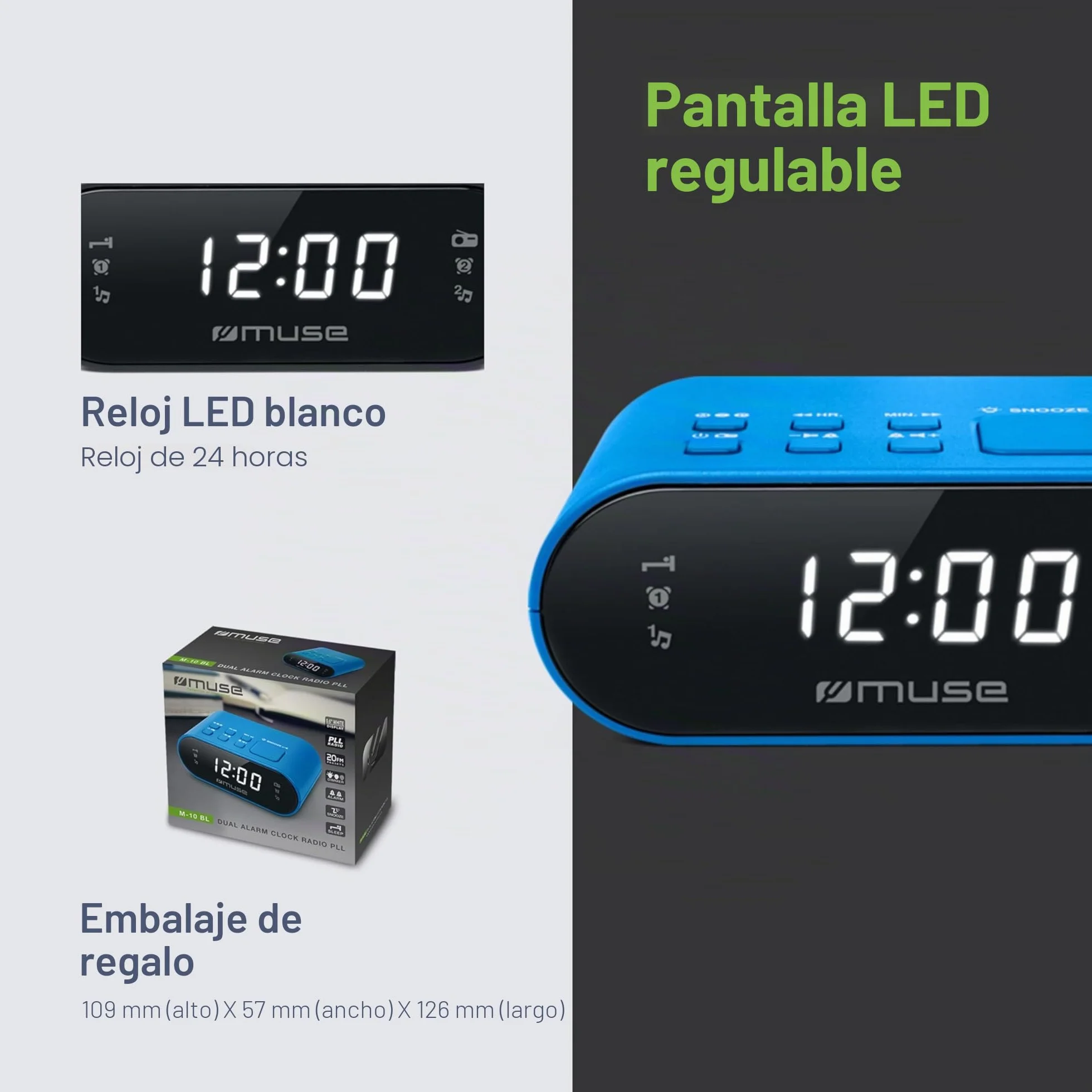 Muse M-10 - Radiodespertador con 2 alarmas PLL, Reloj de 24 Horas, regulador de Intensidad, Color Azul