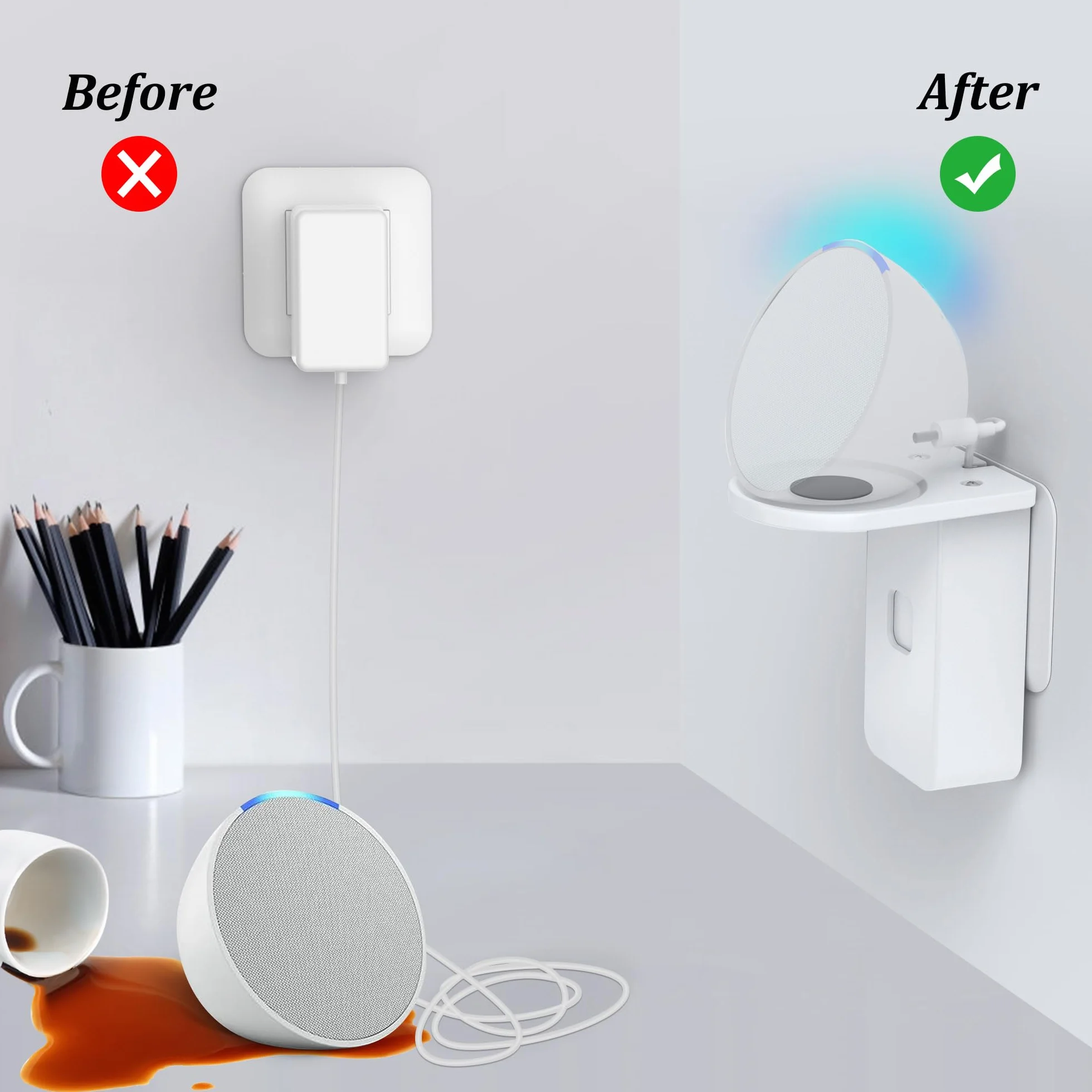 PlusAcc Soporte de Pared de Enchufe para ΡΟΡ - Soporte de Enchufe Que Ahorra Espacio para Accesorios de Altavoces Inteligentes, sin taladrar, cafetería, baño, Dormitorio (Blanco)