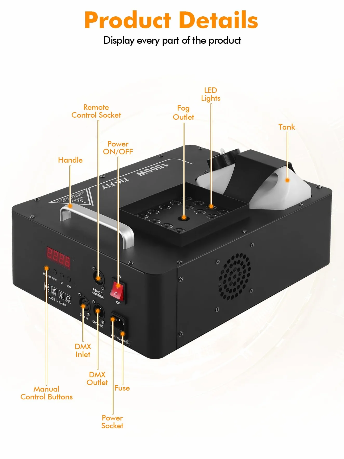 Ridgeyard Máquina de niebla, 1500W máquinas de humo con mando a distancia inalámbrico y luz led con 16 colores, adecuada para DJ, discoteca, fiesta, Halloween, Navidad, bodas y actuaciones en