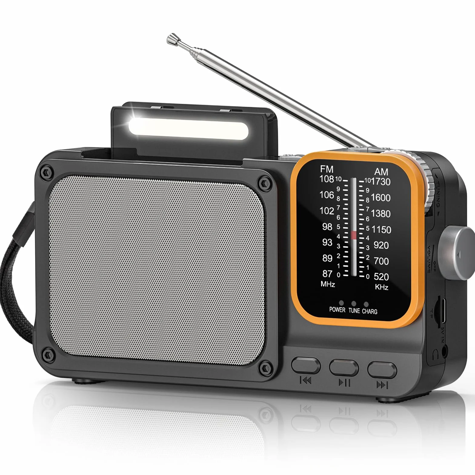 Tendak Radio portátil FM AM 2400 mAh, batería recargable, Bluetooth, TF, USB-C, lámpara