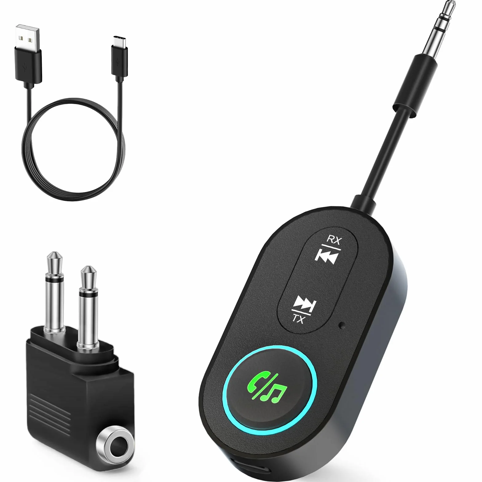 Receptor transmisor Bluetooth 5.3, conector dual para aviones, micrófono para llamadas, adaptador auxiliar 2 en 1 Bluetooth para auriculares, altavoz y coche