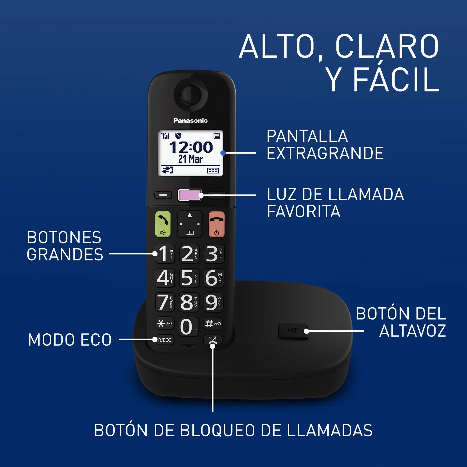 Panasonic KX-TGU110EXB Teléfono Inalámbrico Digital, Base y 1 Auricular, Pantalla LCD, Negro