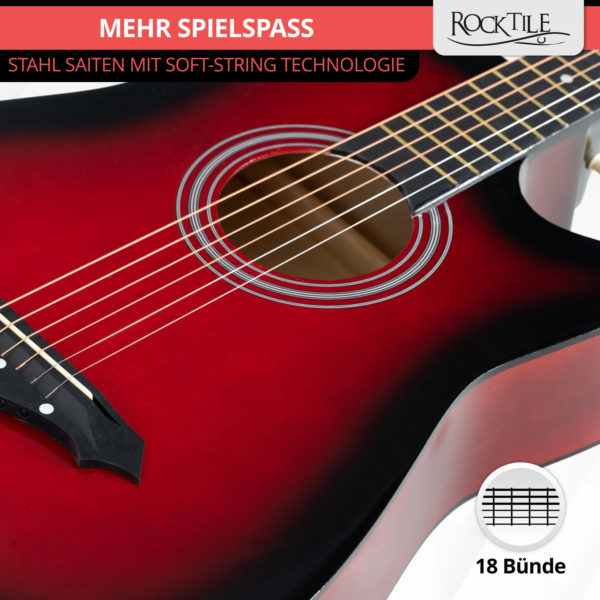 Rocktile WSD-5C-RDB Slim Line Set de Guitarras Western - Guitarra Acústica Dreadnought - Cuerpo de Tilo - Mástil: Catalpa - Set incluye funda, cuerdas de repuesto, correa y púas - Redburst