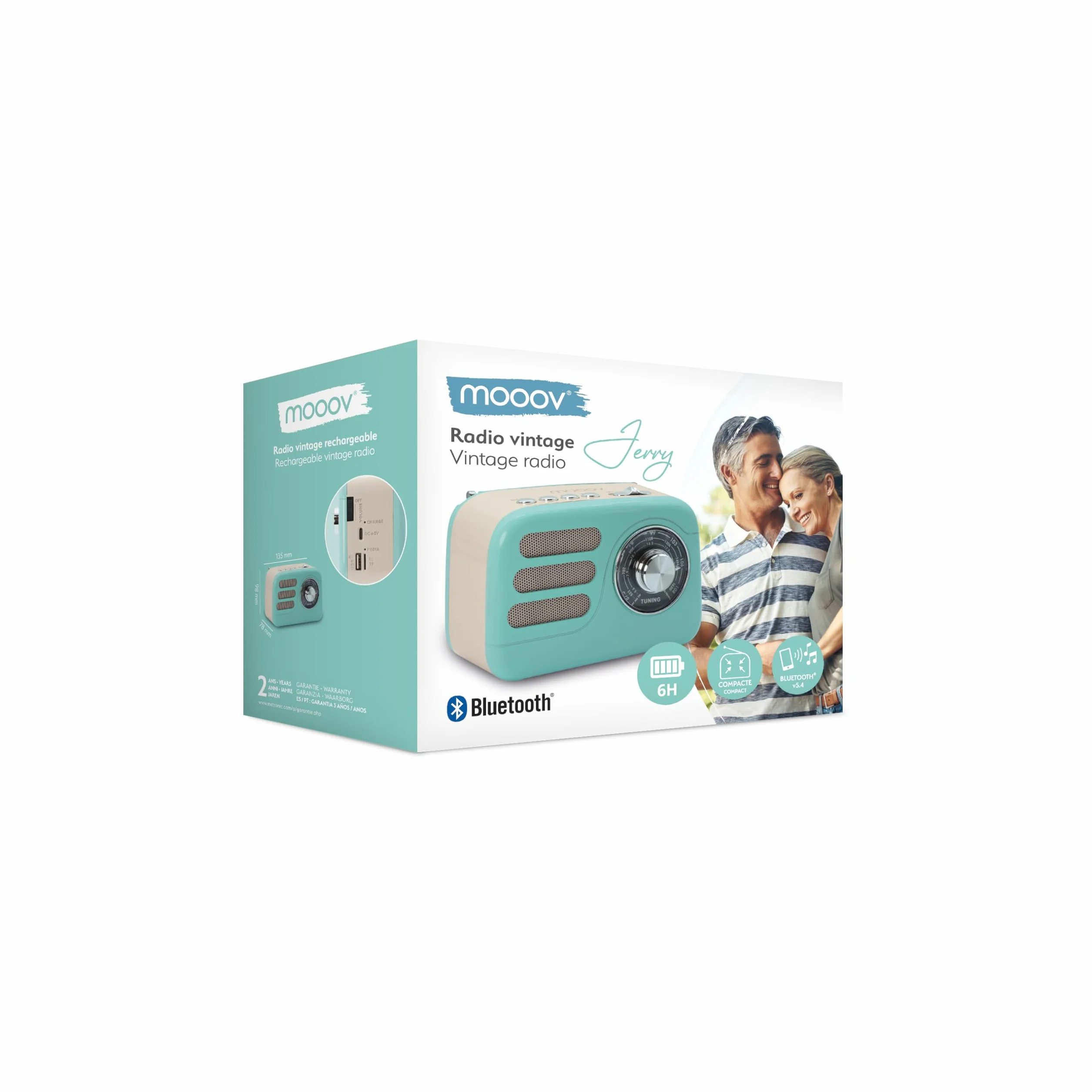 Mooov 477240 - Radio Vintage Bluetooth 5.4 con Batería Recargable, Radio FM/Am/SW Portátil Retro, Altavoz Inalámbrico Compacto, USB y microSD, 6h Autonomía - Turquesa