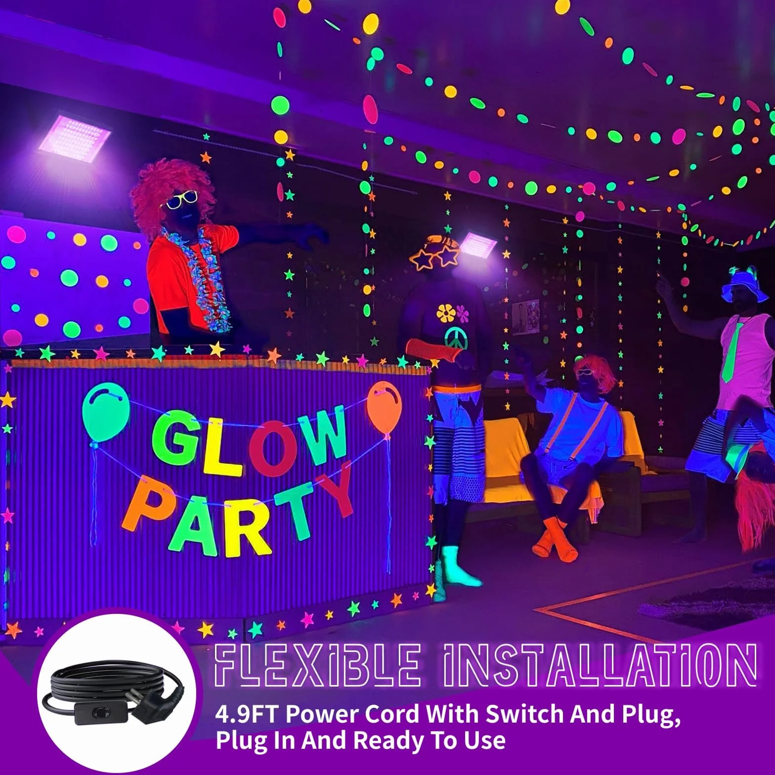 GKT 2 Piezas 100W LED Luz Negra, Luz Negra Ultravioleta, IP66 Impermeable, luz ultravioleta con Enchufe Para Halloween, Navidad, Body Painting, Fiesta fluorescente, Luz UV para Curar Resina