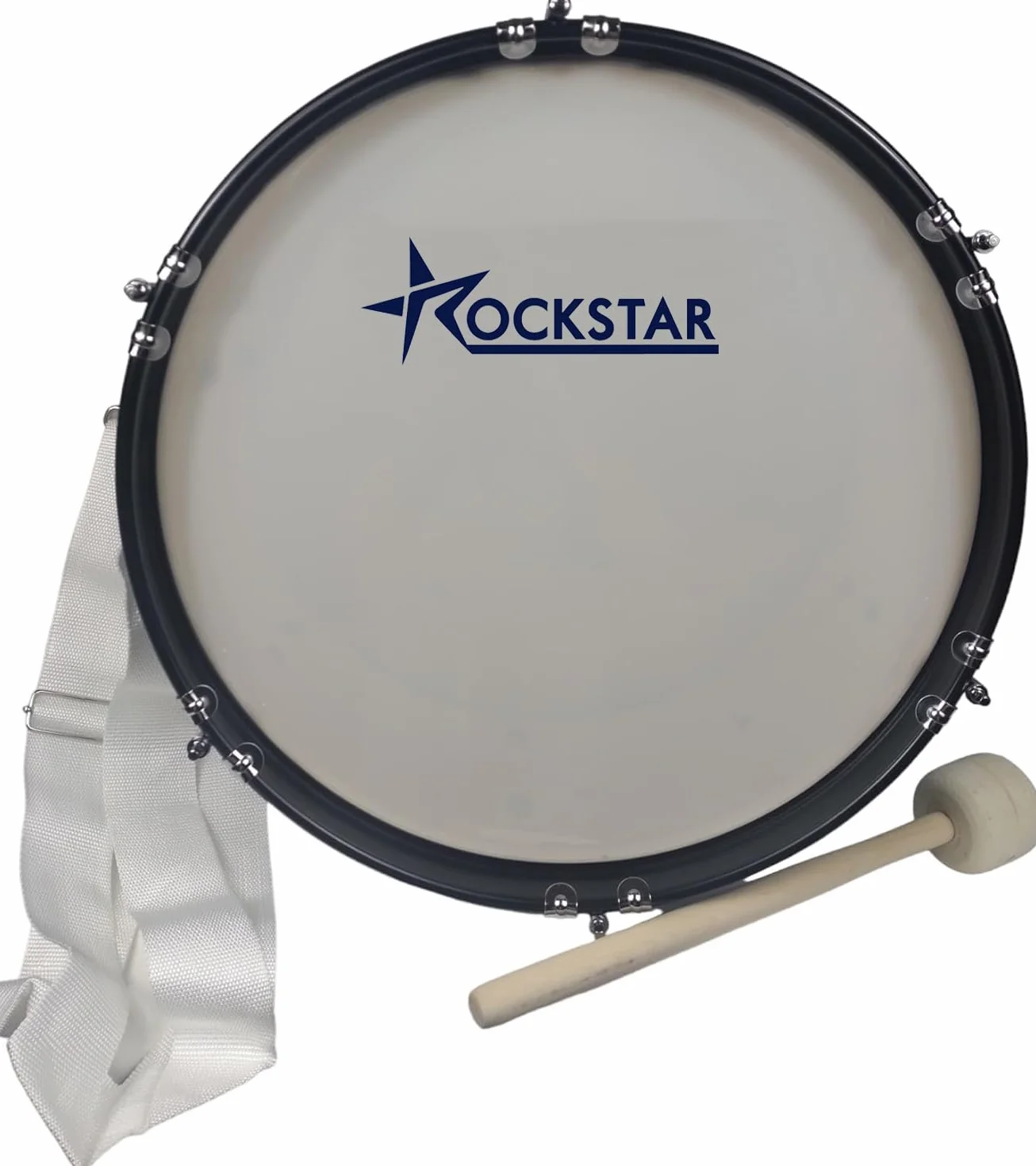 Bombo charanga | 42x24 cm, blanco, madera, aros metálicos negros | Muy ligero, incluye maza y correa cruzada, 4 arandelas transporte | Sonido potente y fácil de transportar