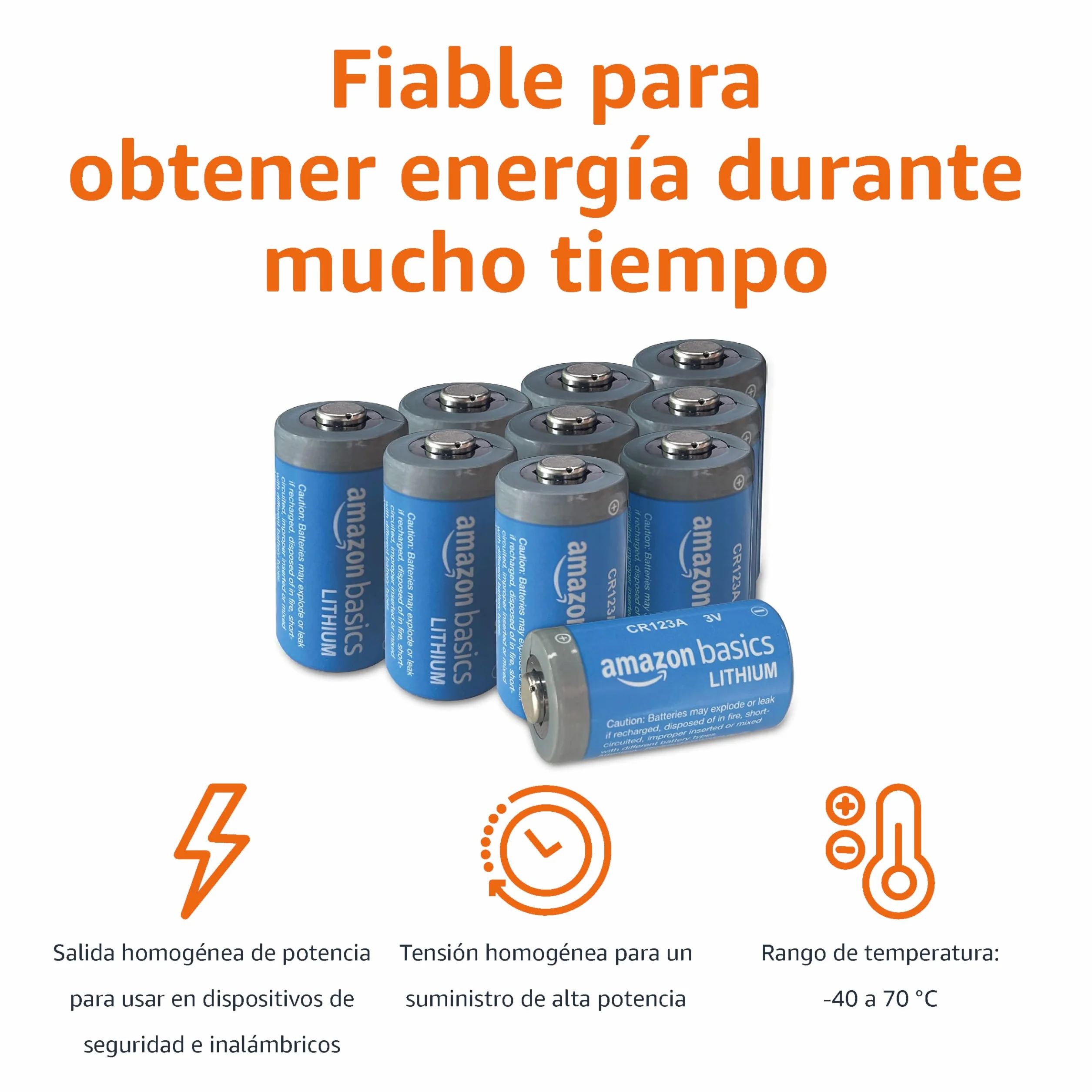 Amazon Basics - Paquete de 10 pilas de litio CR123A de 3 V, vida útil de 10 años