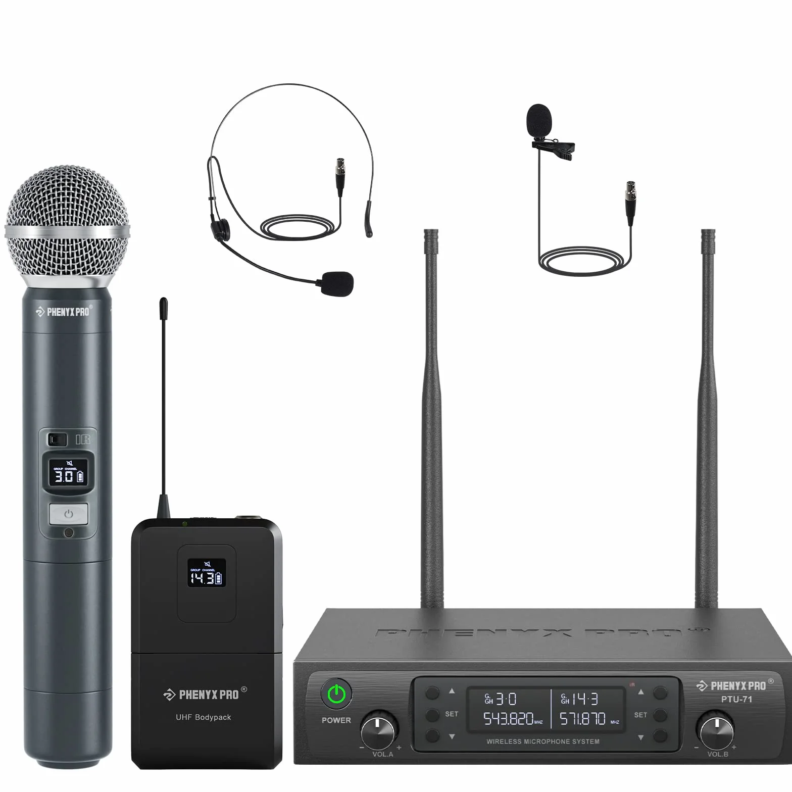 Phenyx Pro Sistema de micrófono inalámbrico, Juego de microfono Karaoke de Doble Canal con Mano/bodypack/Auriculares/Solapa, 2x100 Canales, Ideal para Eventos, Iglesia (PTU-71B)