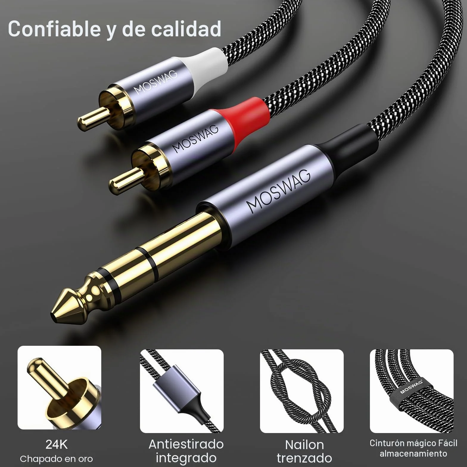 MOSWAG Cable De 6,35 mm a 2RCA, 6,35mm 1/4 Inch TRS Macho a 2 RCA Macho Cáscara de Cobre Heavy Duty Estéreo Adaptador de Audio y Divisor RCA Cable Chapado en Oro