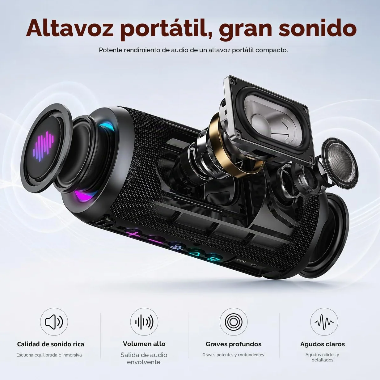 TIMU Altavoz Bluetooth 5.4 Potente, 25W, IPX7, 24H, 2 Modos EQ, 8 Modos RGB, TWS