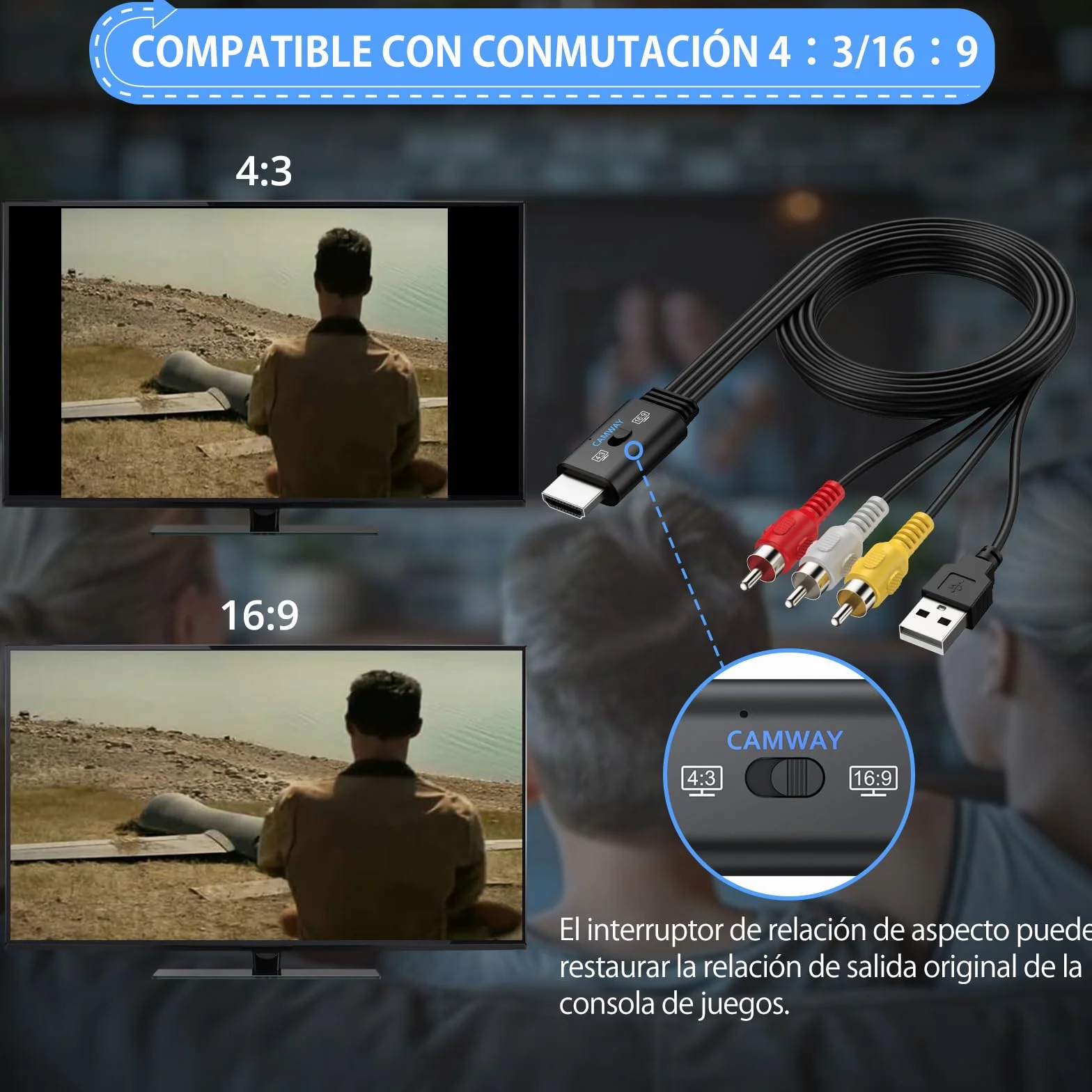 CAMWAY Adaptador RCA a HDMI con Switch 16:9/4:3, 1080P Convertidor AV a HDMI CVBS Compuesto con 150CM Cable RCA Macho Integrado, Diseño de Cable Todo en Uno, Compatible con PAL NTSC para DVD VCR VHS
