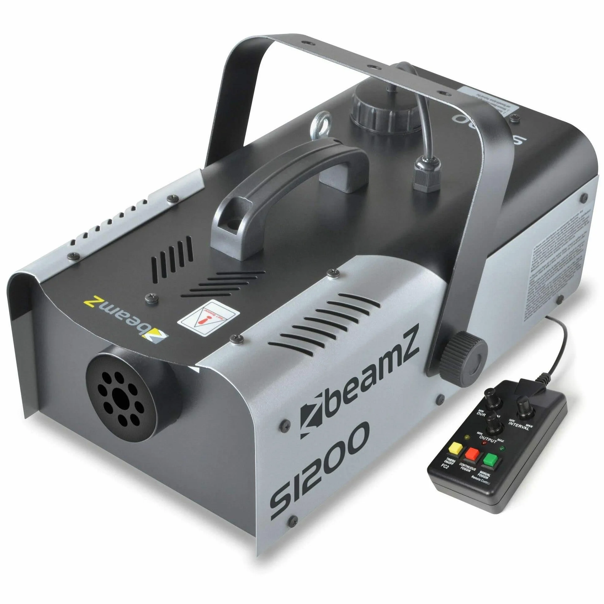 BeamZ S1200 MKII máquina de humo de 1200W, con tanque de 900ml. salida de 215m3 de humo por minuto, control remoto con cable de 3 metros con programador, sólida y fácil de transportar