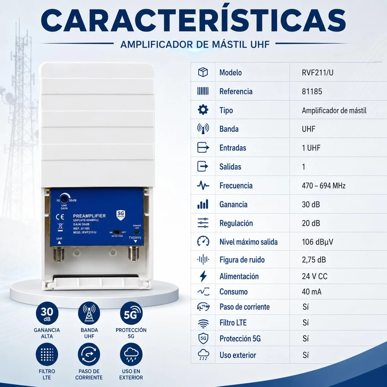 CABLEPELADO Amplificador mastil, ganancia de 30dB regulable manualmente y filtro LTE 5G integrado, adaptado al 2º Dividendo Digital, IP23, Consumo 48 mA, Alimentacion 24 VDC, 1 entrada 1 salida