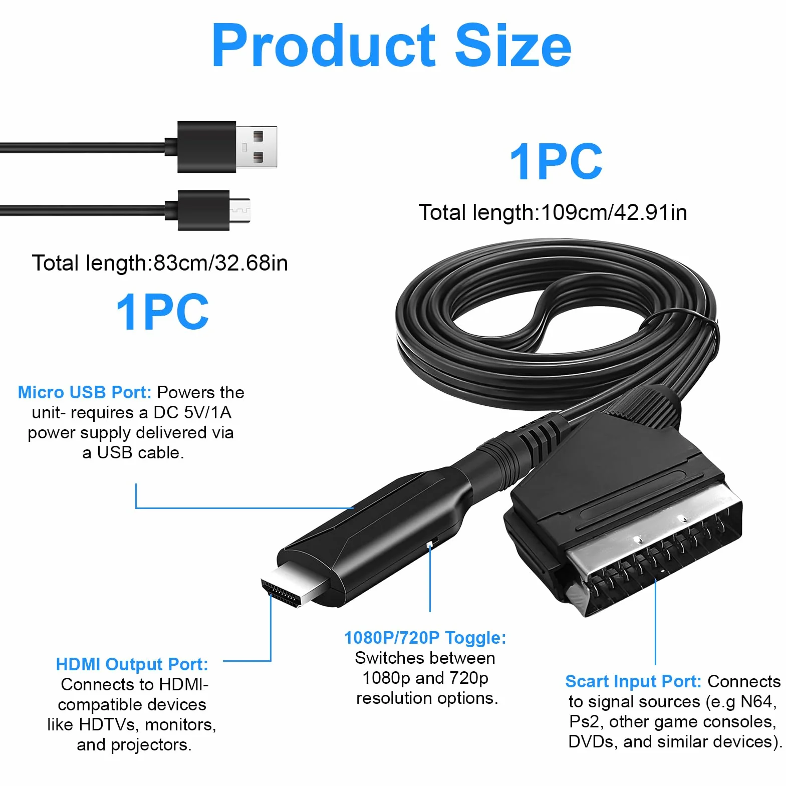 Cable Adaptador Euroconector a HDMI, Entrada SCART Salida HDMI Todo en uno Convertidor Apoyo HD 720/1080P Audio de Vídeo con Cable de Alimentación para HDTV Proyector DVD Blu-Ray VHS STB Sky Xbox PS3