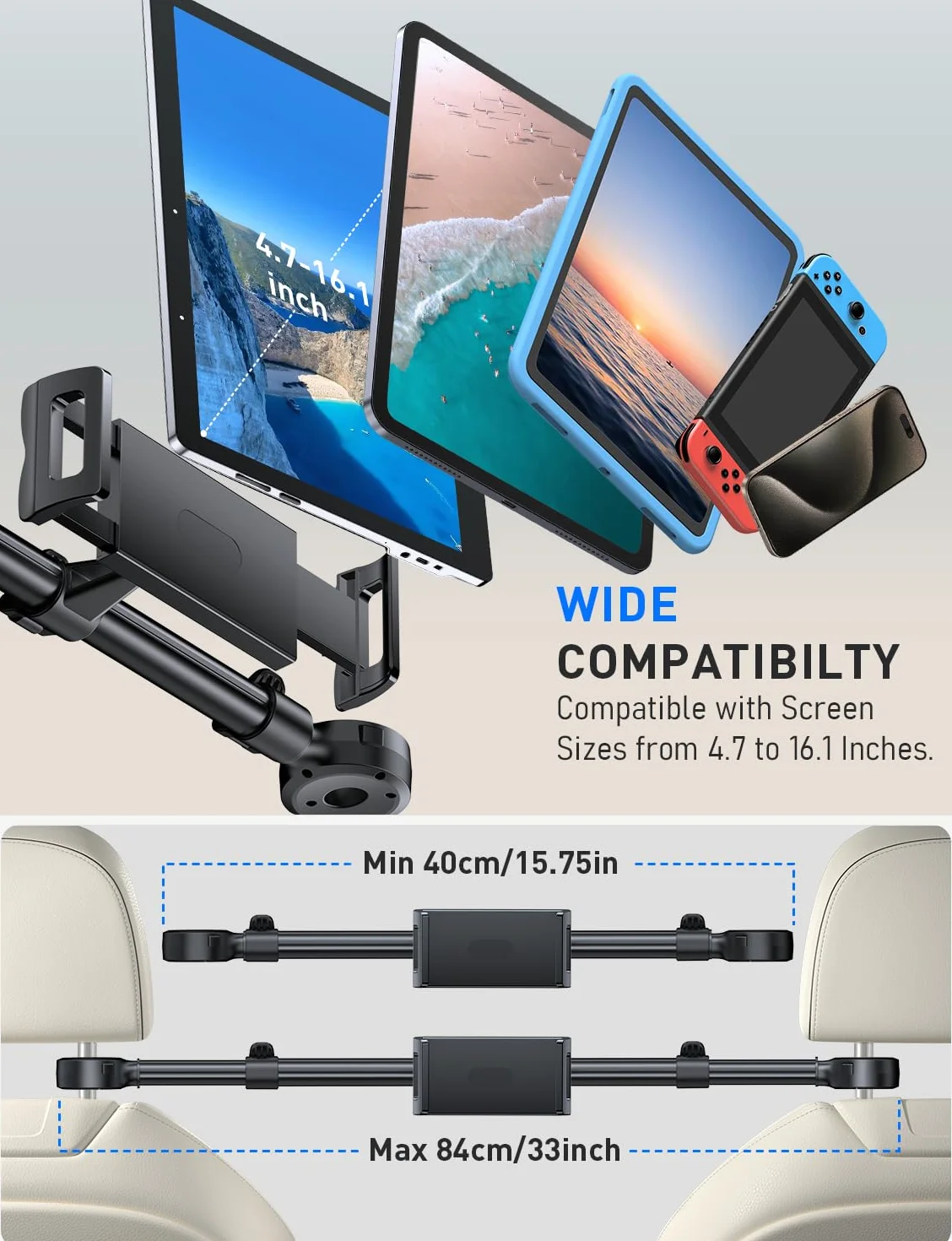 TRYONE Soporte Tablet Coche Reposacabezas [ Abatible Frontal y Trasero] Extensible Porta Accesorios Carro, Sujeta Camper para iPad, Tablet y Monitor/eReader/Switch/Otros 4,7-16.1Pulgadas/con 2 Ganchos