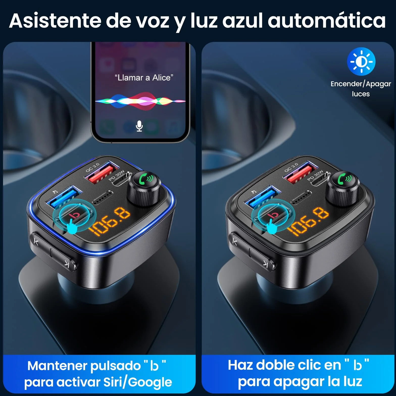Gizmovine Transmisor FM Bluetooth Coche USB C PD 30W QC3.0 18W Manos Libres