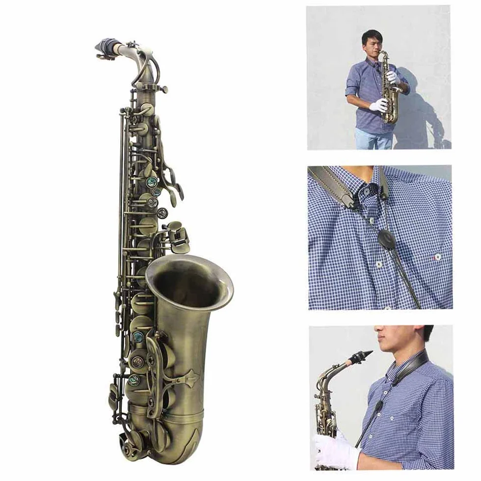 Btuty Alto grado acabado antiguo Bend Eb E-flat Saxofón alto Saxofón Abalone Shell clave tallar patrón con caso guantes limpieza paño correas cepillo