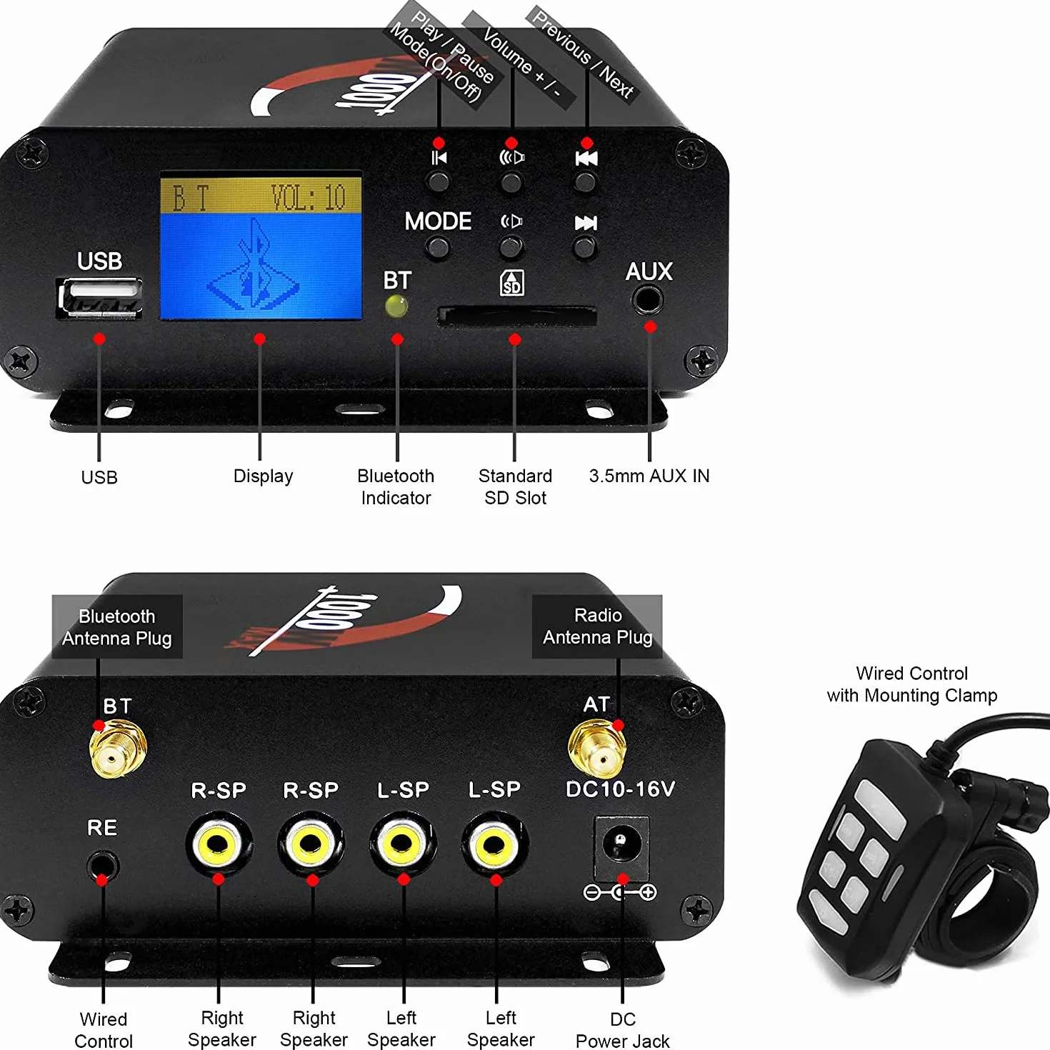 Amplificador estéreo Bluetooth M1000 1000W 4 Canales Radio AUX USB SD FM para Harley ATV UTV RZR