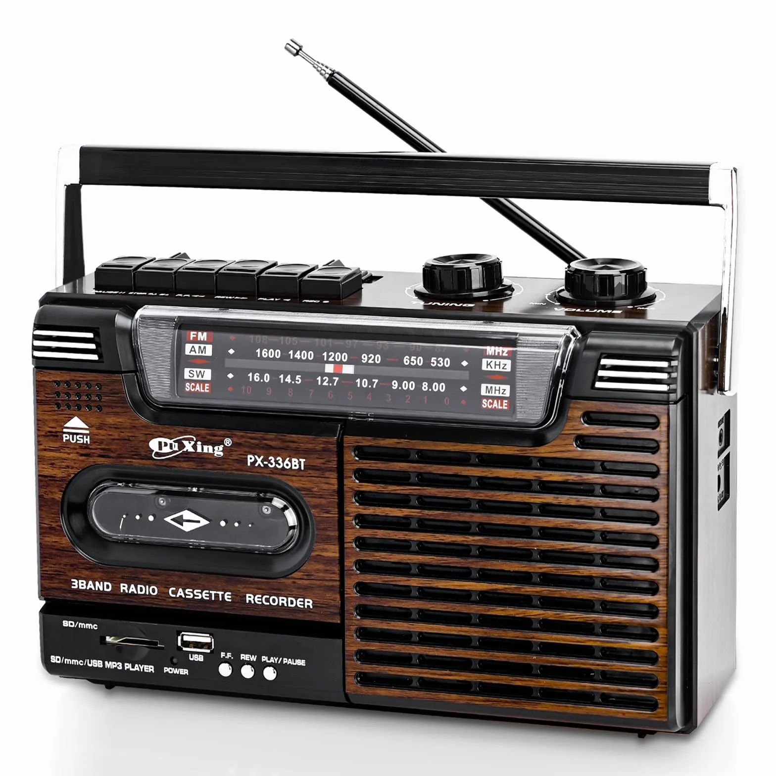 Reproductor de Cinta Portátil Retro Boombox con Radio AM/FM/SW y USB SD MMC Altavoces Incorporados (Grano de Madera)