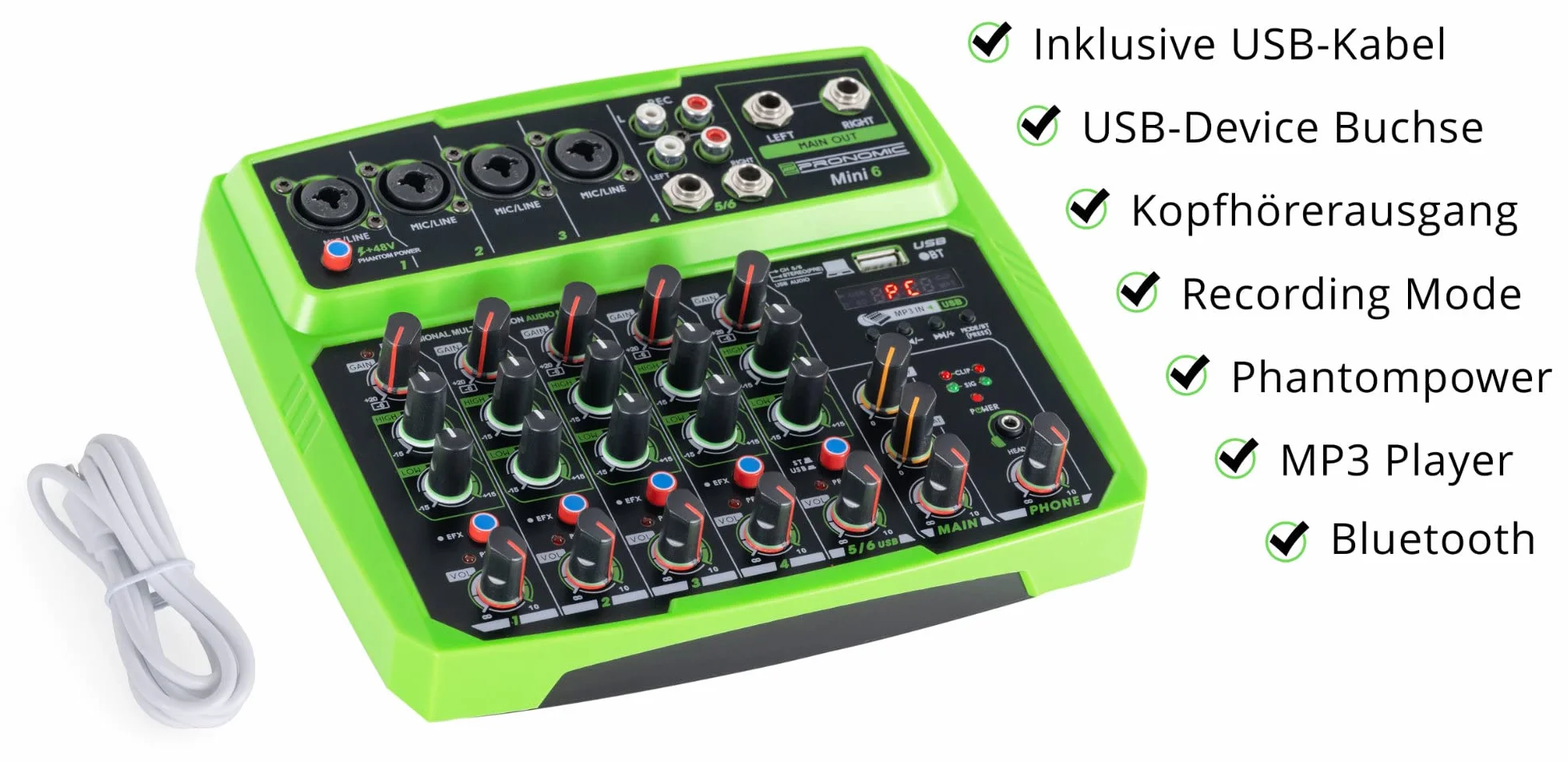 Pronomic Mini6 Mesa de Mezclas USB - Mezclador de 6 Canales - 4 Canales con Entradas Combo - Entrada Estéreo - Reproductor/Grabador Multimedia con Bluetooth - Interfaz de Audio - Verde