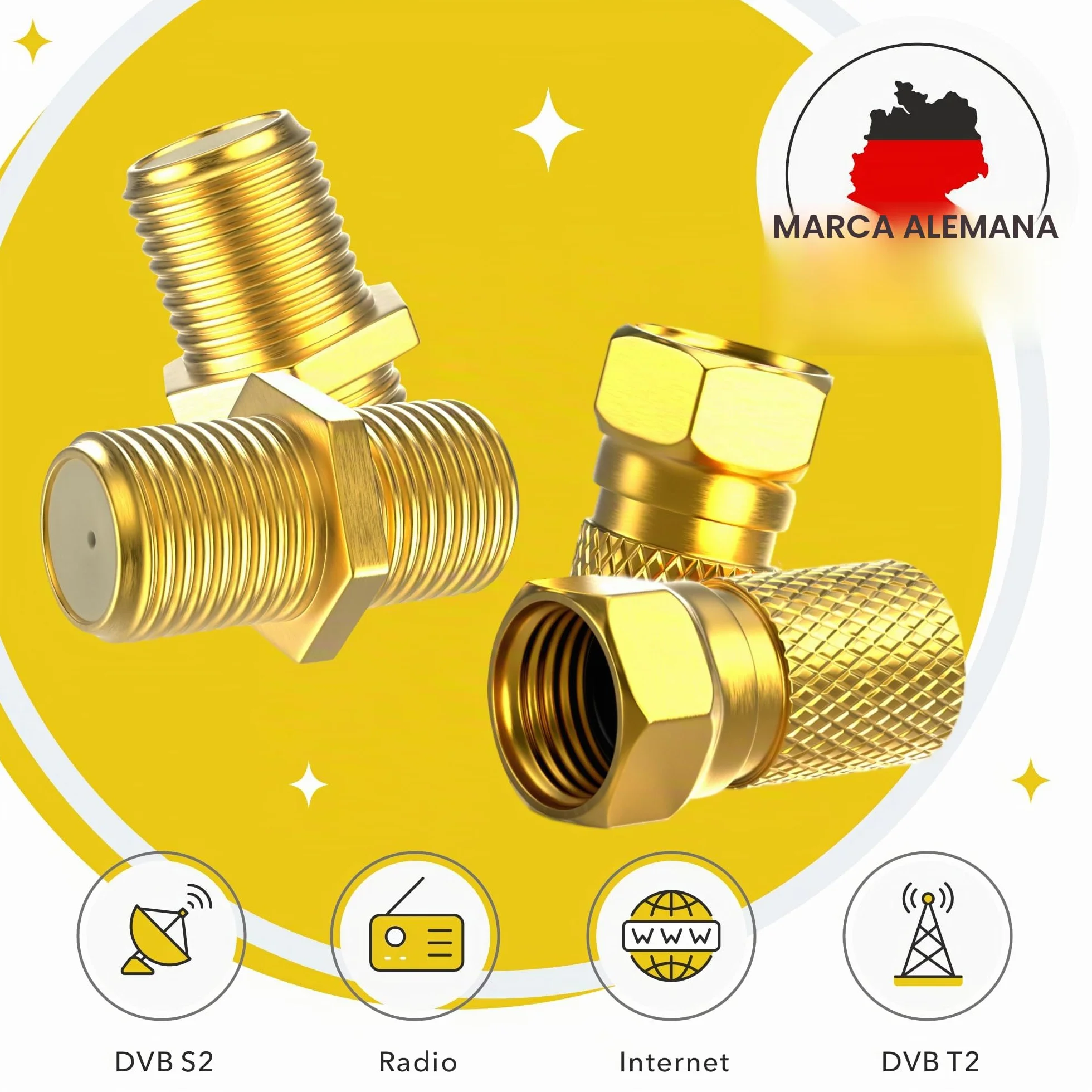 Conector F 7 mm atornillable | 10 piezas conectores + 5 adaptadores F-hembra-hembra | Alargador cable Sat chapado en oro | Junta de goma | Tuerca ancha | Antena coaxial TV satélite