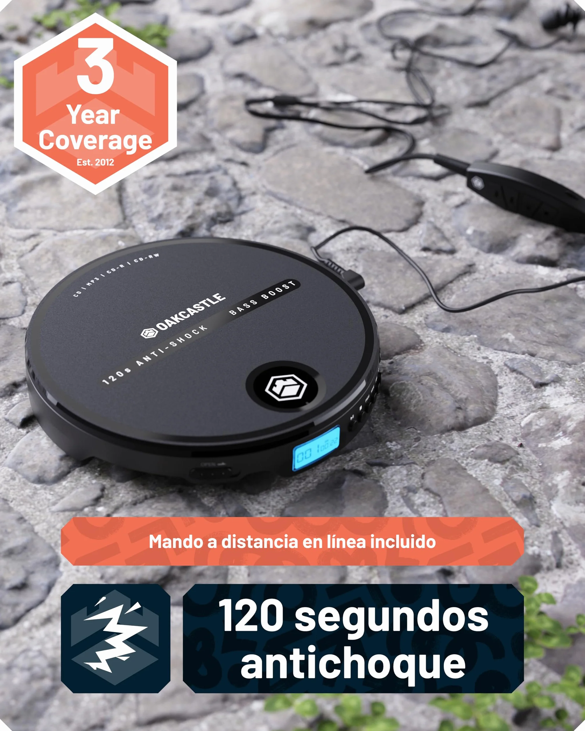 OAKCASTLE CD10 Reproductor CD Portatil con Bateria 7 Horas Auriculares Antichoque
