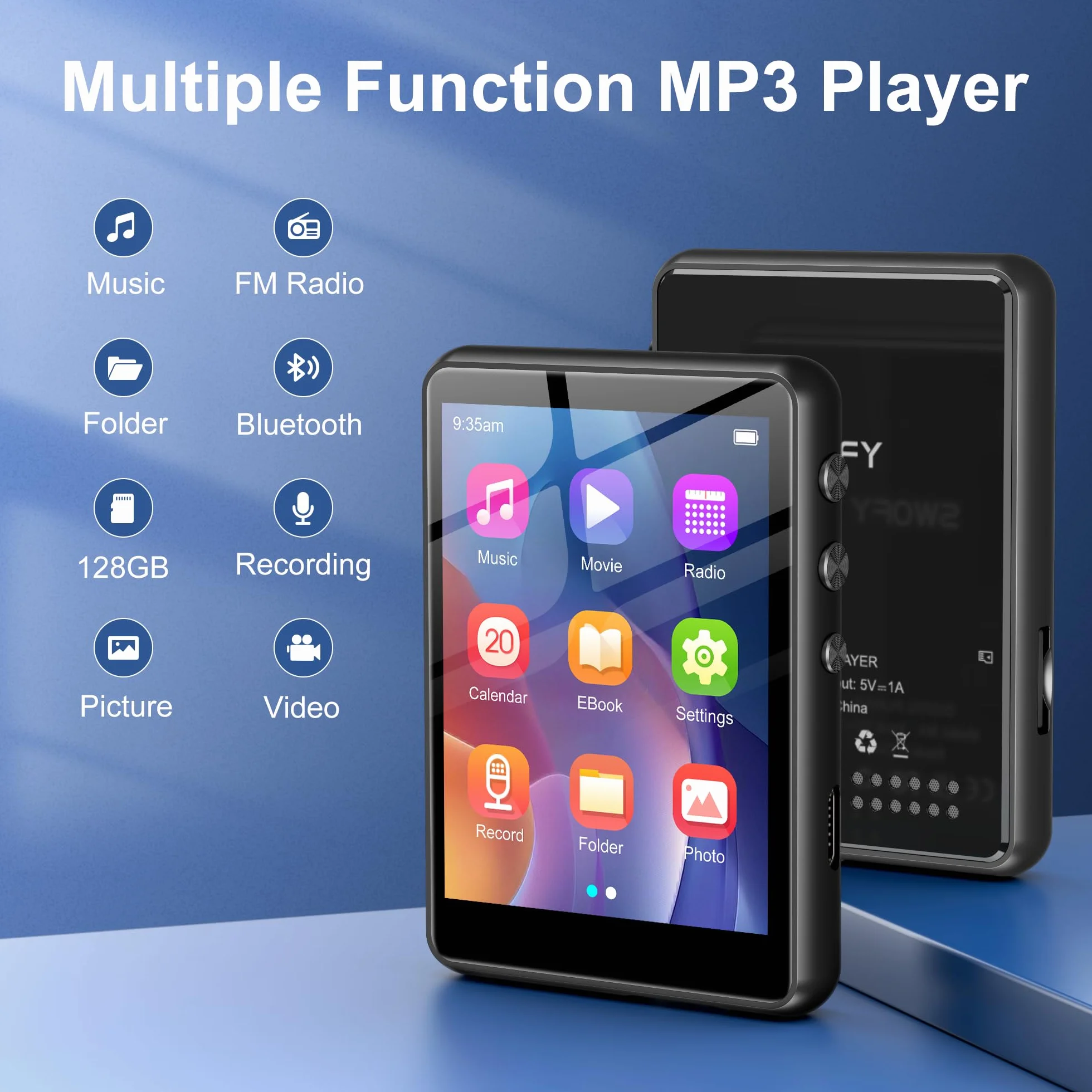 SWOFY Reproductor MP3 128GB Bluetooth 5.3 2.4 Pulgadas Pantalla táctil Negro