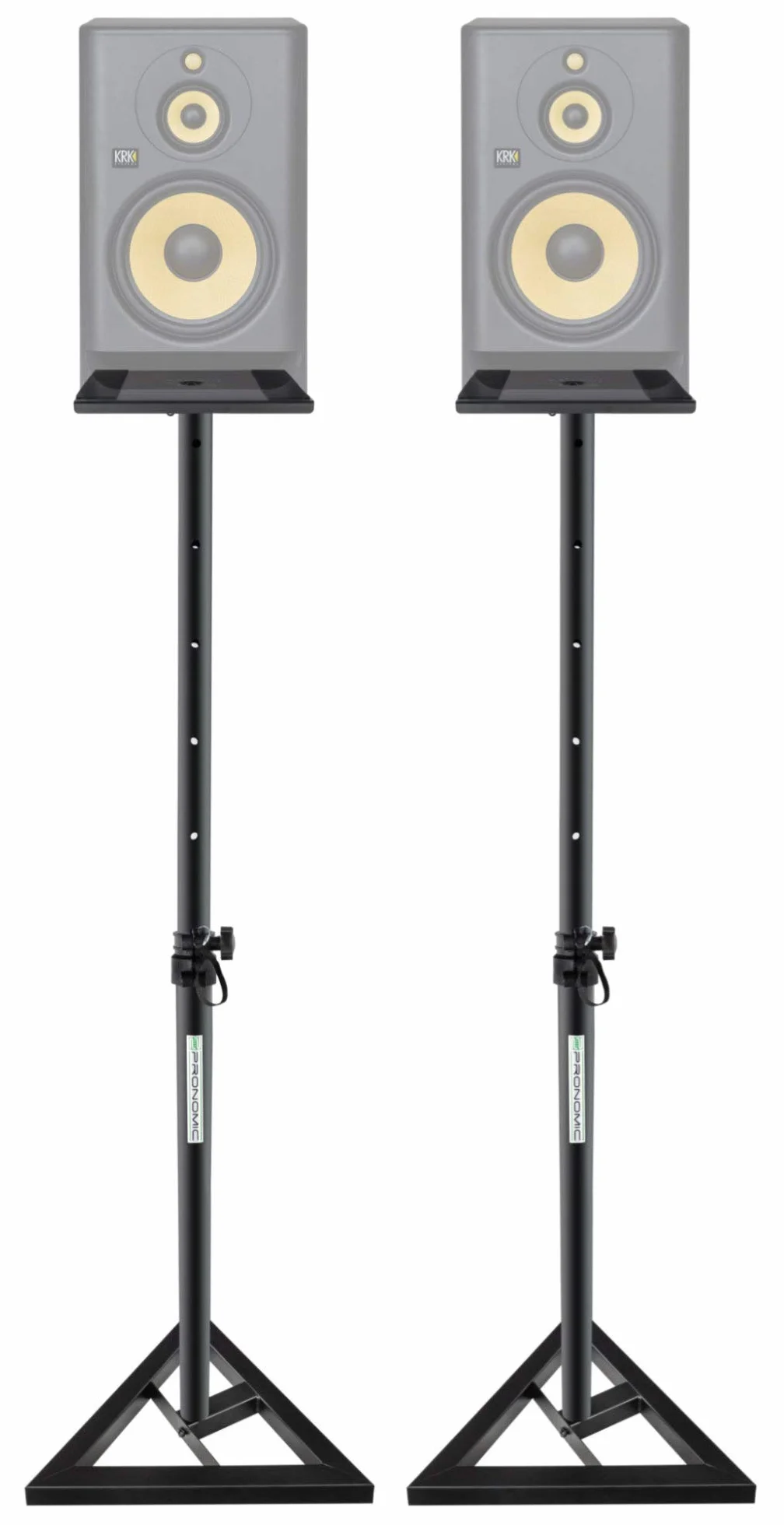 Pronomic SLS-10 2x Soporte de altavoz para monitor de estudio - Altura ajustable de 80 cm a 130 cm, base triangular, pies de goma, pies con pinchos, acero, placa de soporte con tiras de goma - Negro