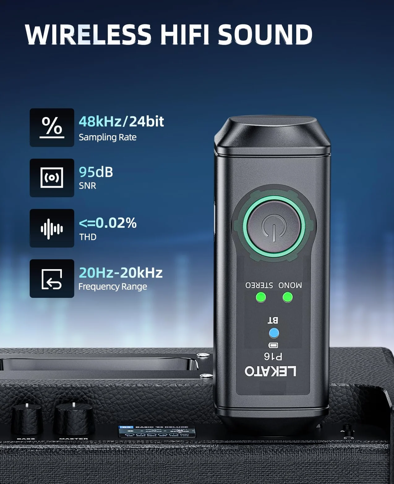 LEKATO P16 Receptor Bluetooth XLR, Audio Mono/Estéreo, Autonomía 15 h, Bluetooth 5.3, 48 kHz/24 bits, Alcance 50 m, para Mezcladores, DJ y Sistemas PA