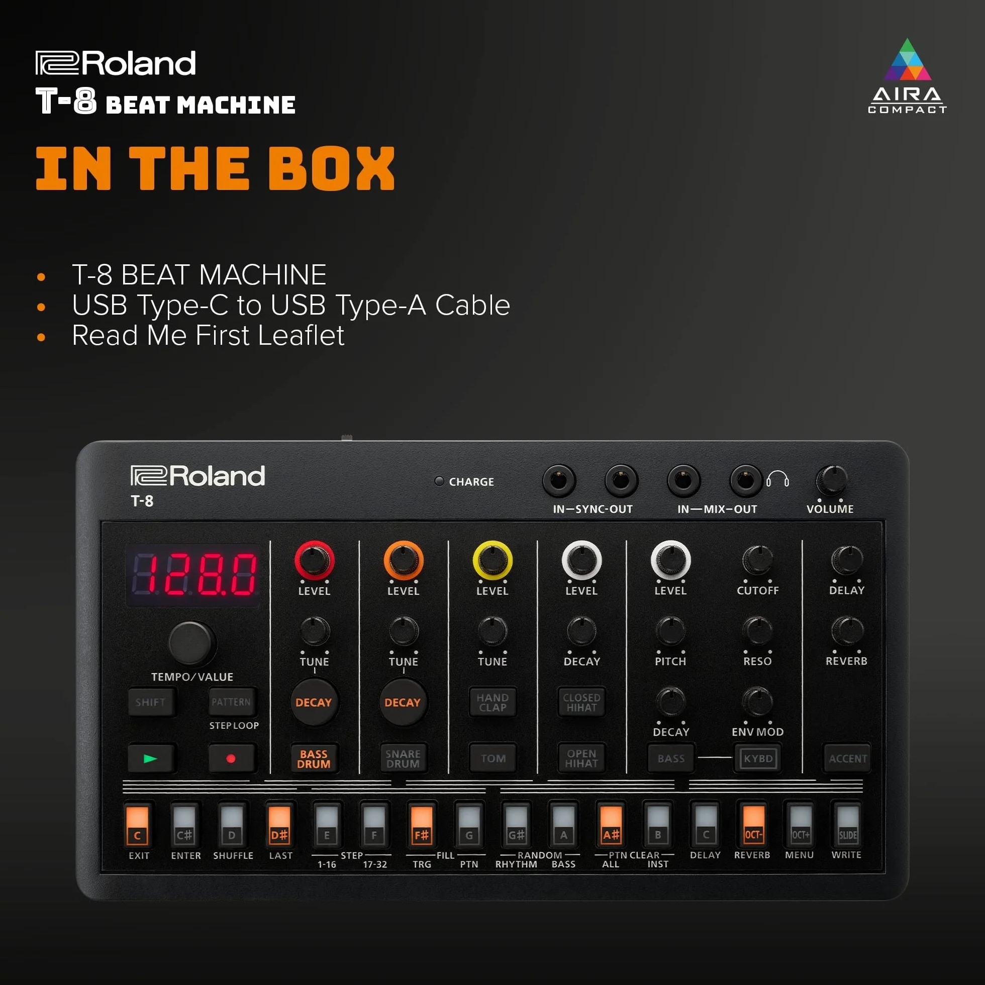 ROLAND AIRA Compact T-8 BEAT MACHINE | Máquina de ritmo y bajo ultraportátil con original Roland Sounds | Seis pistas rítmicas con sonidos de TR-808, TR-909 y TR-606, negras y naranjas