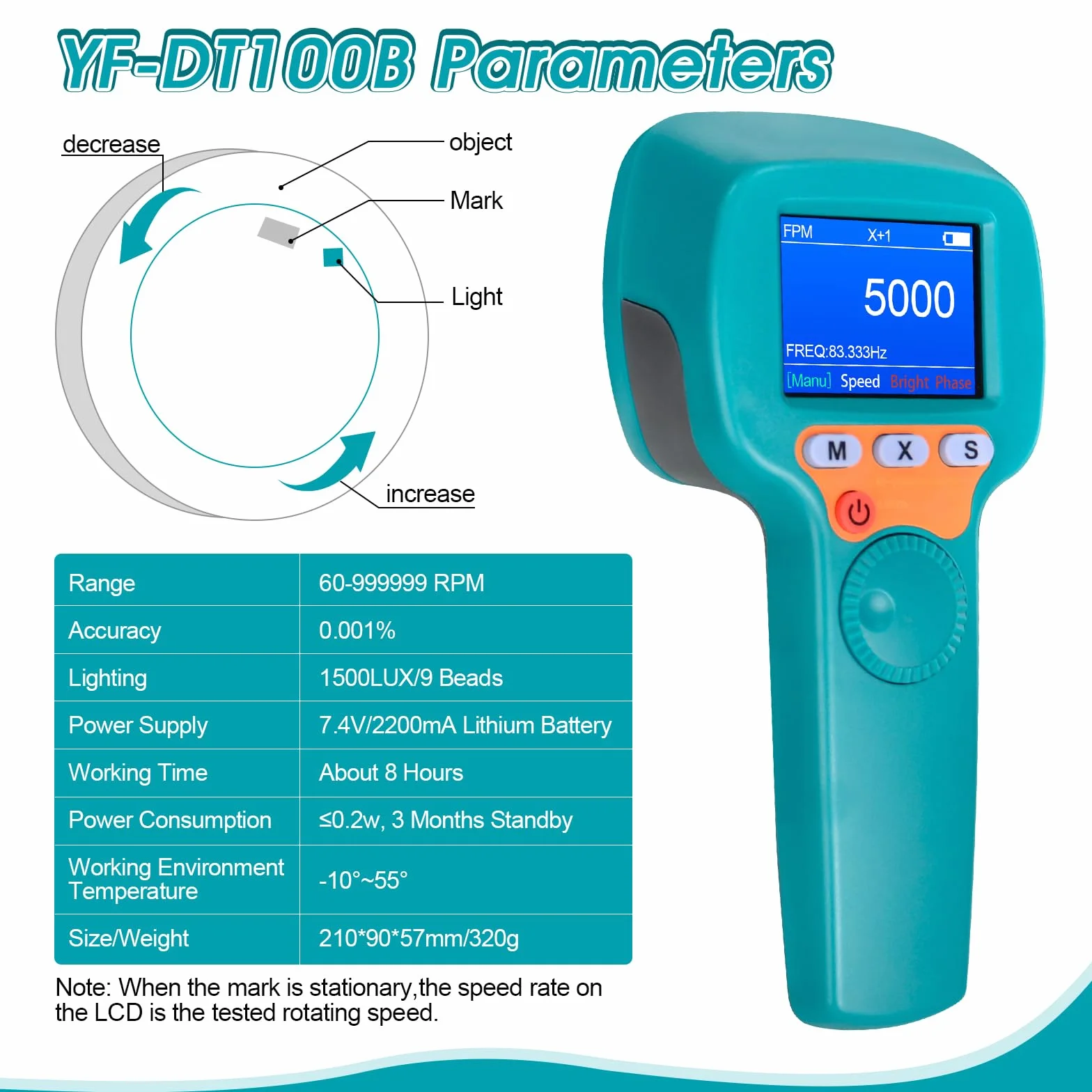 Estroboscopio Digital de Mano 60-99999 FPM, Estroboscopio LED sin Contacto YF-DT100B, Tacómetro Estroboscópico de 1500 lux con Pantalla LCD a todo Color, Velocímetro Estroboscópico 2200 mAh