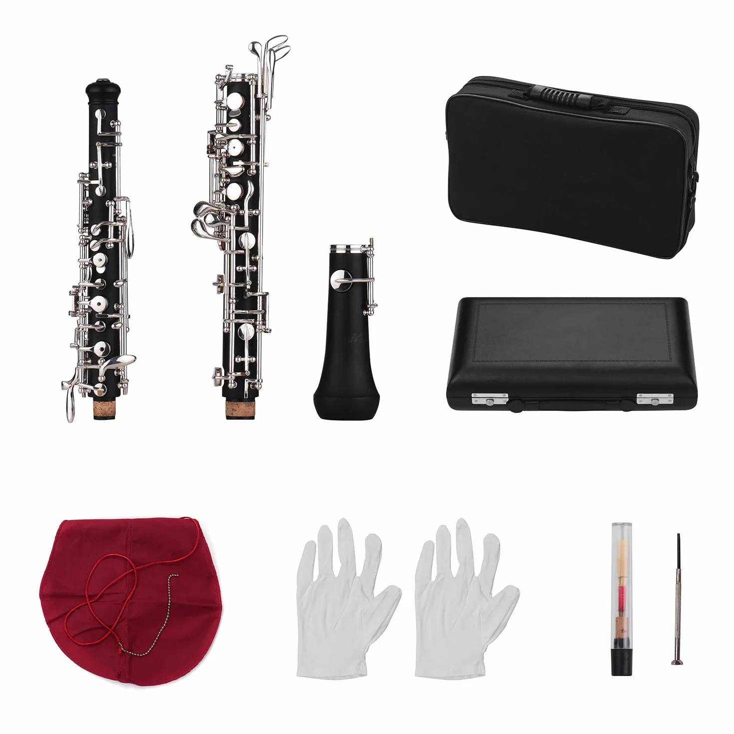 Professional Oboe C Key Estilo semiautomático Llaves plateadas Instrumento de viento de madera con guantes Oboe Reed Funda de cuero Bolsa de transporte Paño de limpieza Mini destornillador