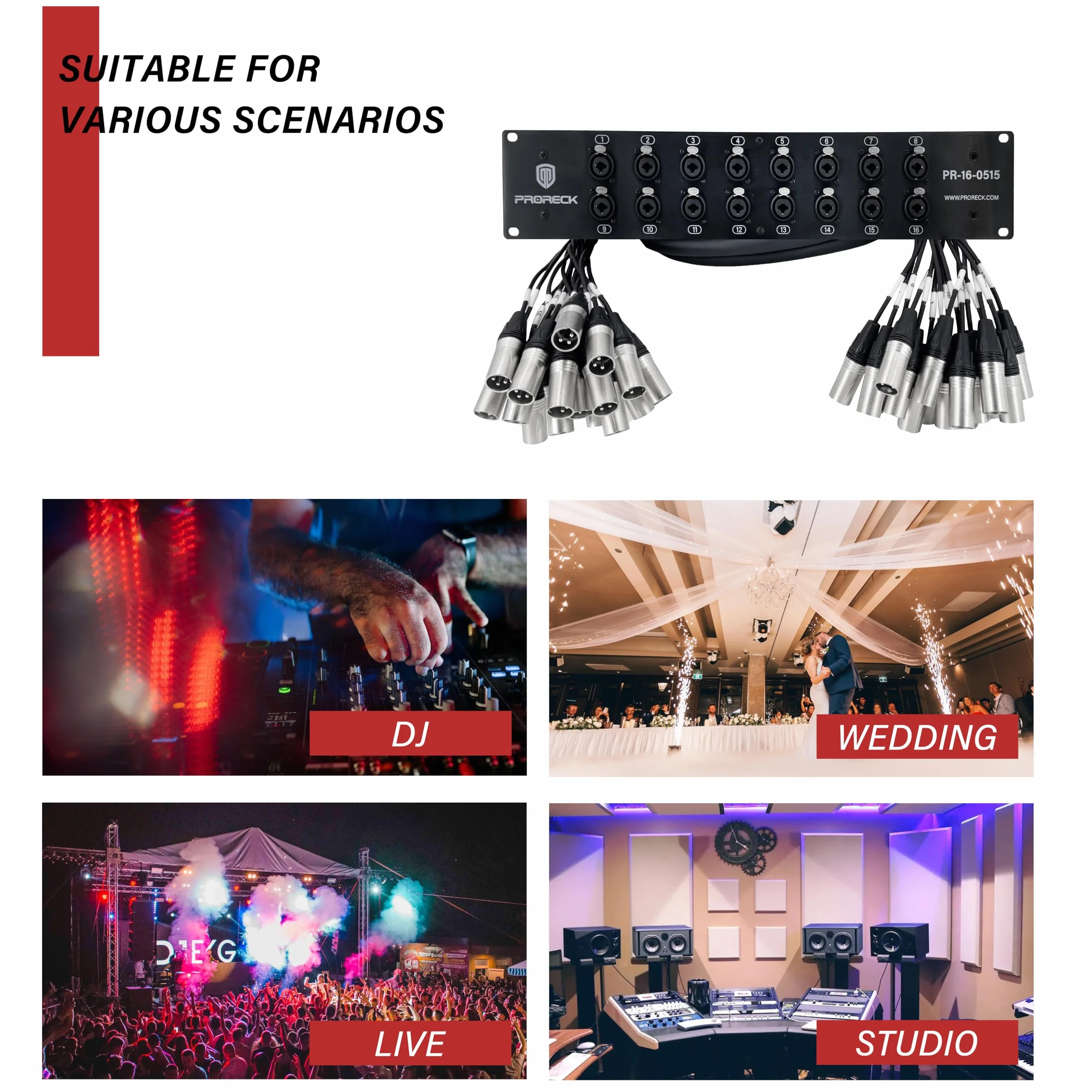PRORECK Cable divisor combinado TRS XLR para montaje en rack, adecuado para vivo, grabación, escenario, estudio (5 pies x 15 pies - 16 canales) PR-16-0515