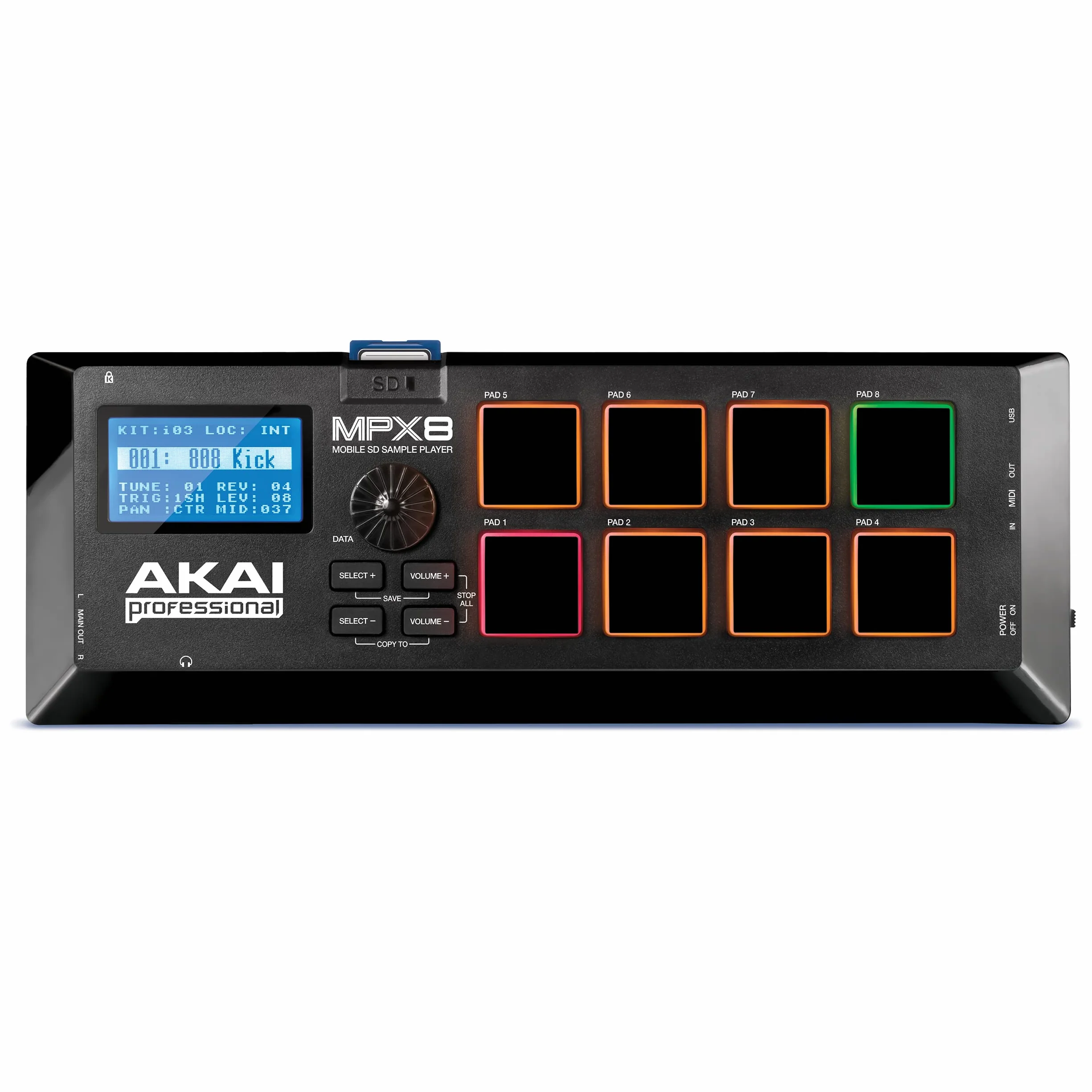 Akai Professional MPX8 - Controlador USB MIDI y Lanzador de Samples Portátil con 8 Pads Sensibles a la Velocidad y Ranura para Tarjeta SD