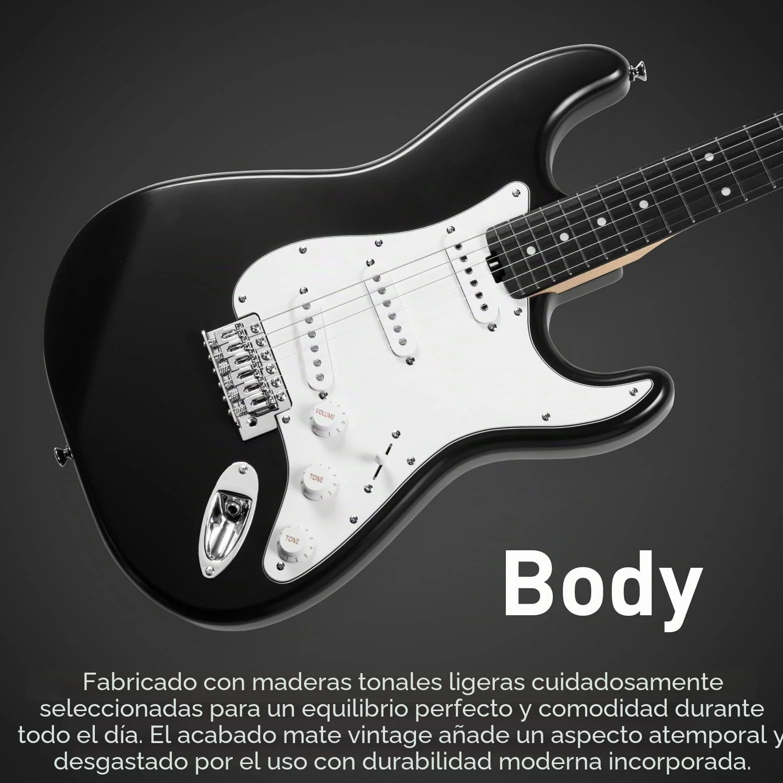 SONICAKE Guitarra Eléctrica de 39" Tamaño Completo con Pastillas Clásicas SSS, Cuerpo Ligero, Puente Tremolo, Trastes Redondeados y Alma Ajustable QGT-10 (Negro)