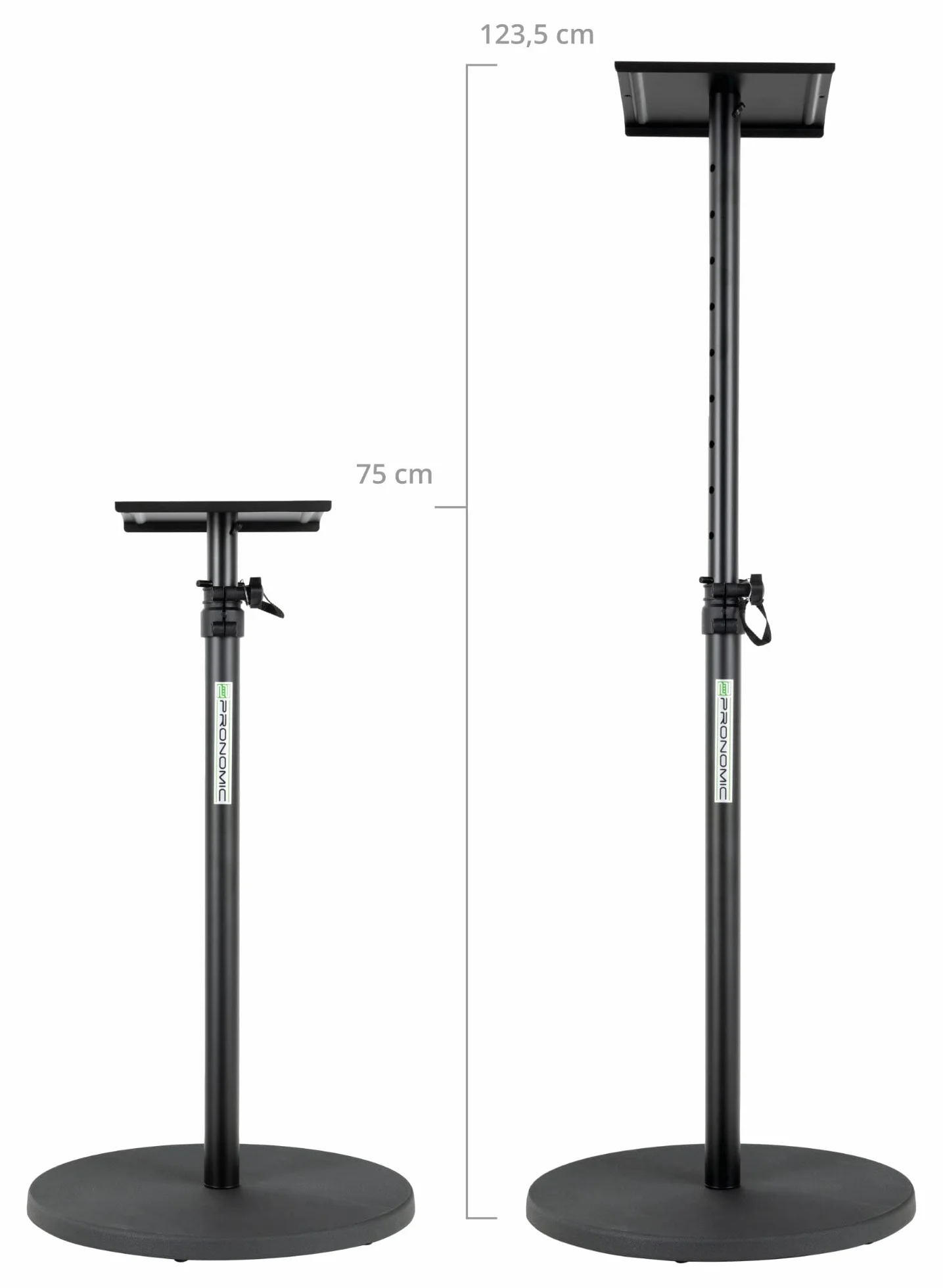 Pronomic SLS-128 BK Soporte para Monitor de Estudio Par - 2 Soportes Ajustables (75-123.5 cm) con Base Redonda Estable y Superficie de Apoyo 23x23 cm para Altavoces de Estudio.